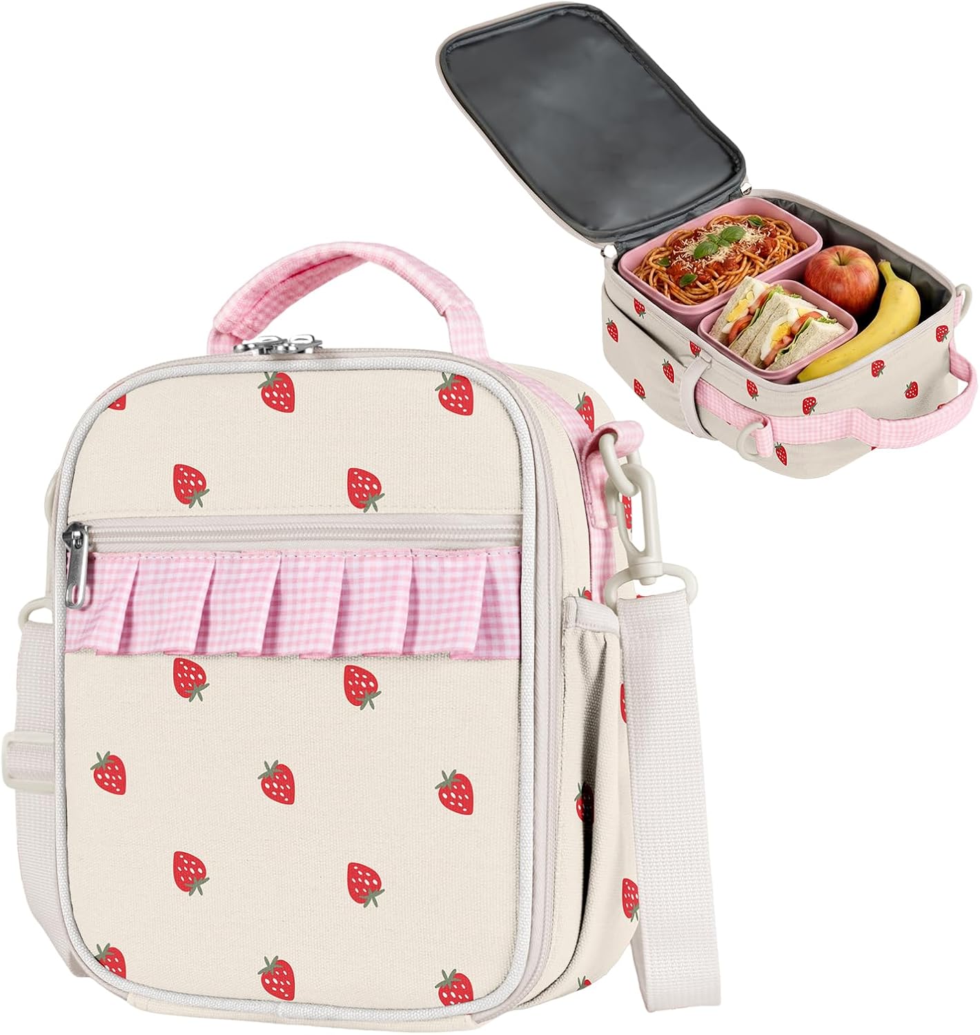 Insulated Lunch Bag for Teen Girl Kid Women with adjustable shoulder strap, Large Lunch Box, Reusable Portable Waterproof Leakproof Lunchbox for School Travel Office Picnic (Strawberry)