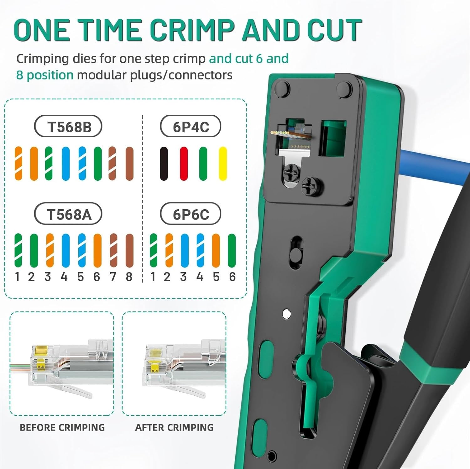 RJ45 Crimp Tool Pass Through Crimper Cutter for Cat6 Cat5 Cat5e 8P8C Modular Connector Ethernet All-in-one Wire Tool(Green)