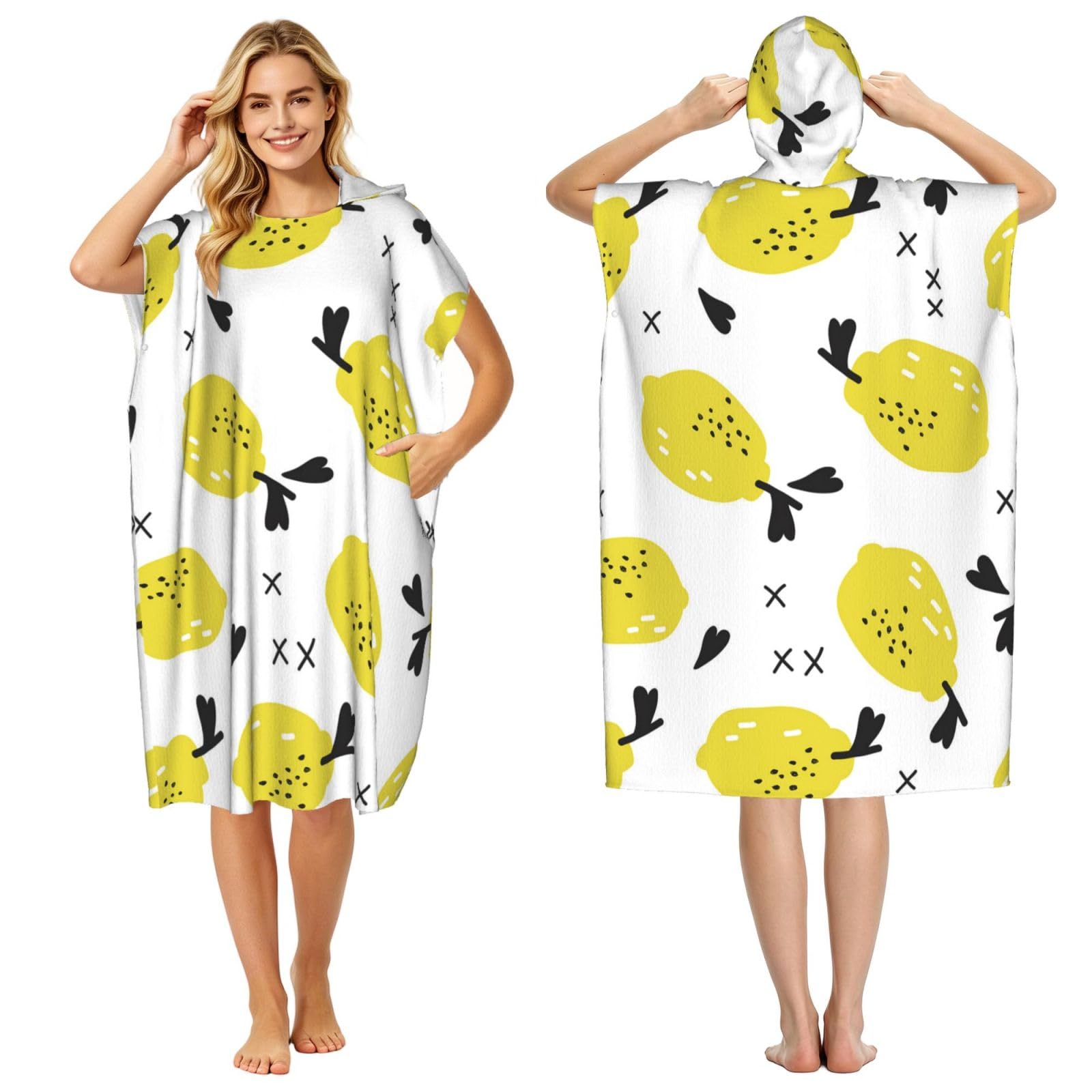 Poadnly Lemon, Adult Hooded Beach Towel 90 x 110 cm,Changing Bath Robe, Surf Poncho Towel For Women Men
