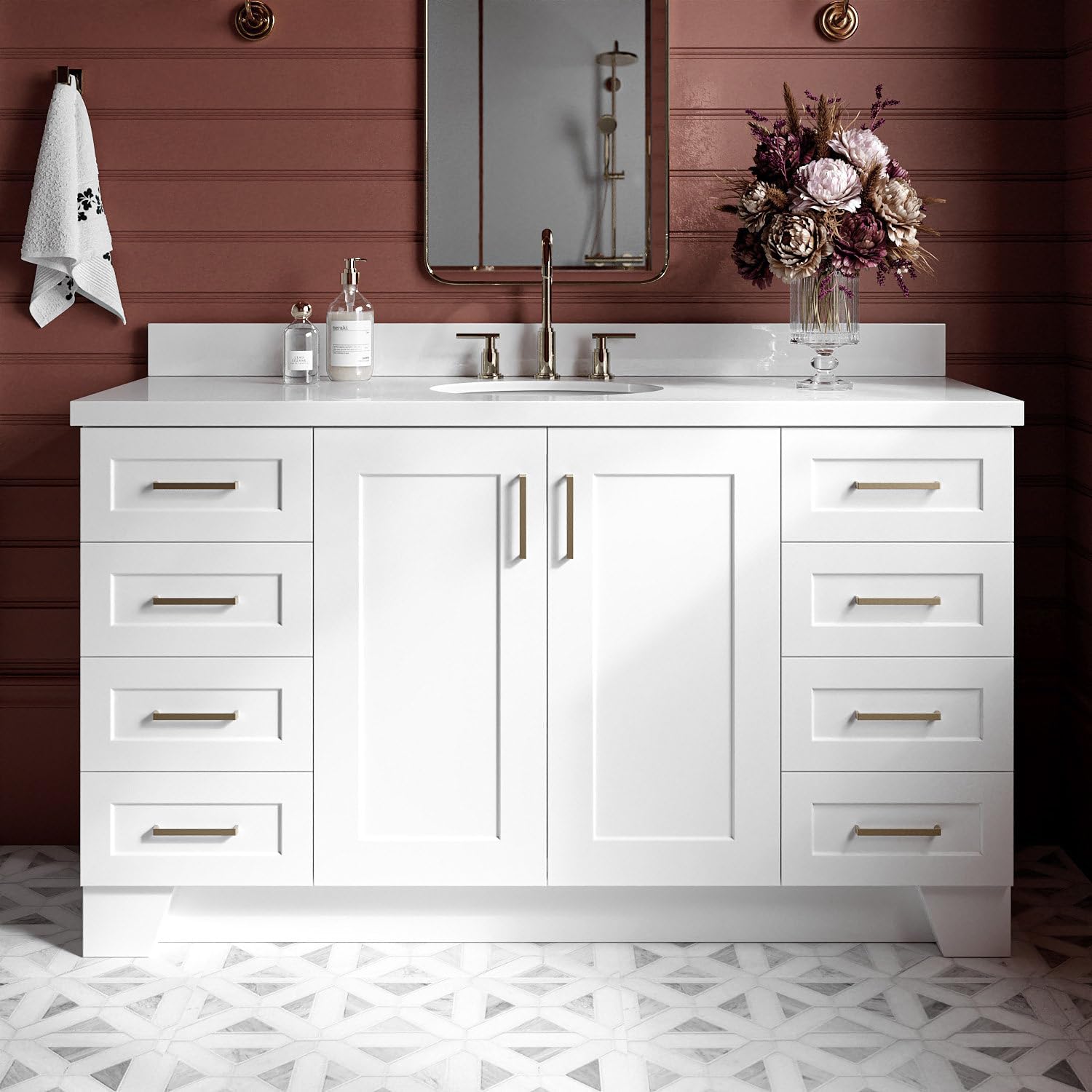 ARIEL Taylor 60-inch Bathroom Vanity with Sink,Solid Wood, 1.5-inch Pure White Quartz Countertop & Backsplash, Single Oval Porcelain Sink, 2 Soft Closing Doors, 9 Dovetail Drawers, White