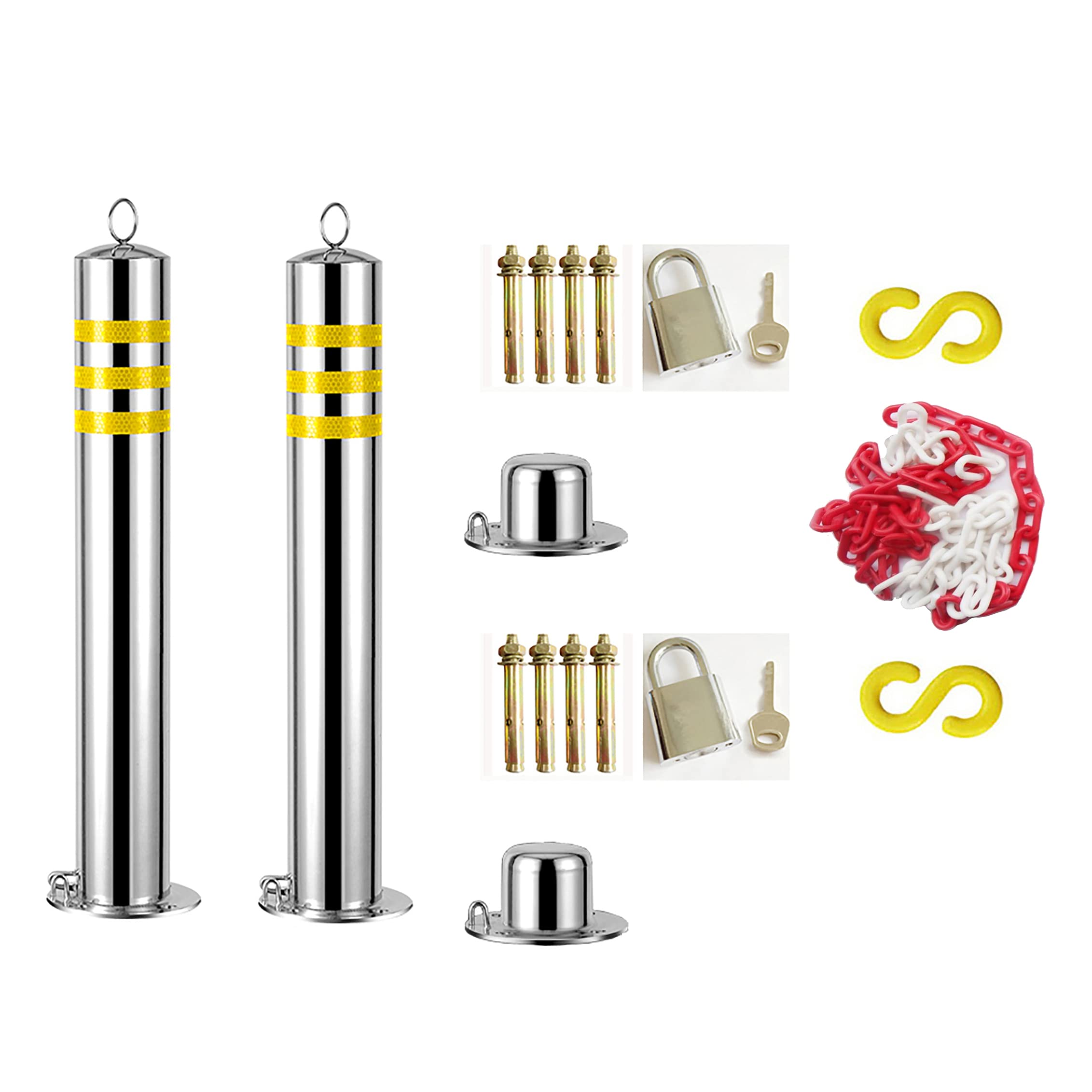 HCZKIUJY 2PCS Parking Bollards Concrete in,Stainless Steel Parking Sign Post with Reflective Strips,Strong Driveway Barrier for Commercial Or Private Use (800×76mm/31.5×3in)