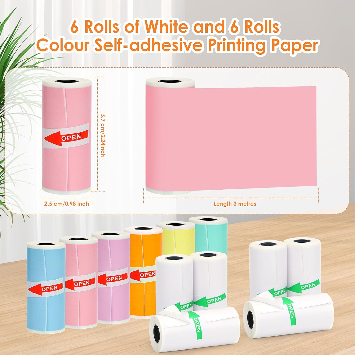 HuiJuKeJi 12 Rolls Mini Printer Sticker Paper,Thermal Self-adhesive paper 57 * 25mm,6 Rolls of White &6 Rolls of Colour Paper for Pocket Inkless Portable Bluetooth Printer to Print Photo,Note image 2