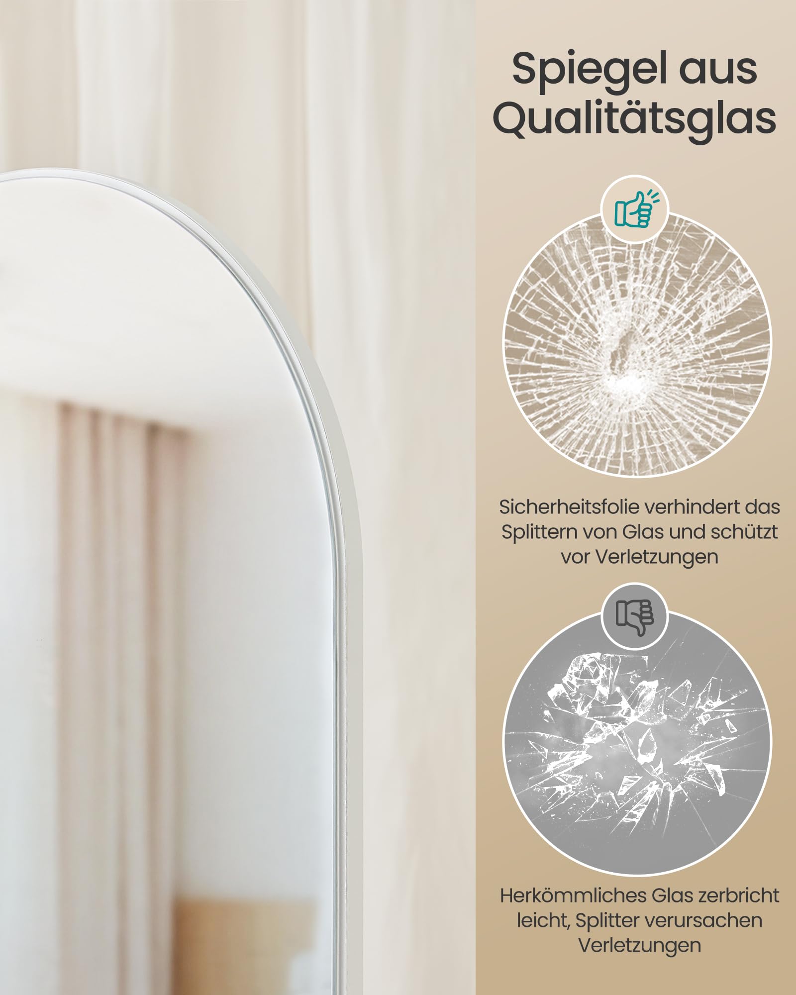 SONGMICS Ganzkörperspiegel, Standspiegel, 360° drehbarer Spiegel, 163 x 45 cm, mit Sockel, Ablagen und Haken, klares Hartglas, für Schlafzimmer, Wohnzimmer, gewölbter Spiegel, wolkenweiß LFM037WB01