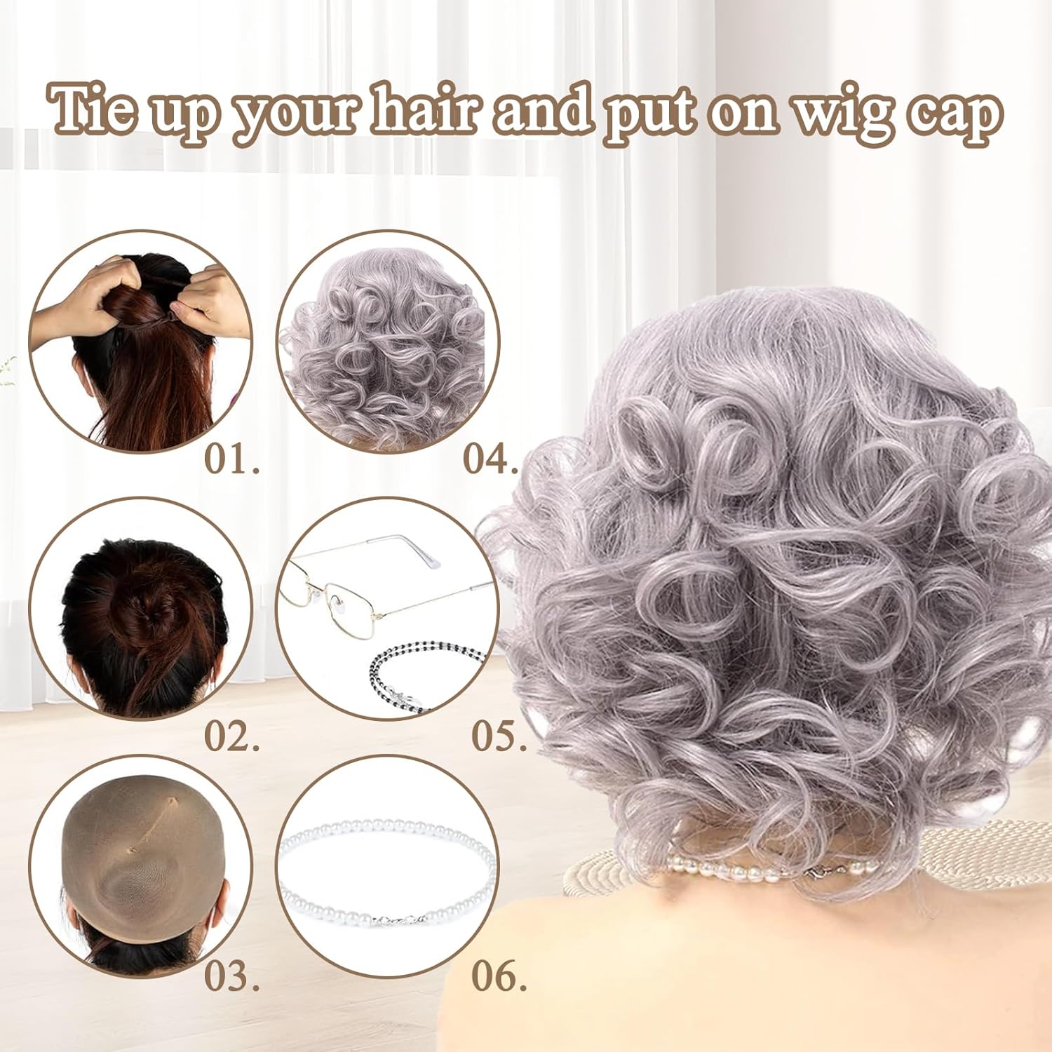5 Pcs Old Lady Wig and Accessories, Dark Gray Wigs for Women, Beautiful and Natural Curly Granny Wig for Cosplay, Halloween Parties, Stage Performances - Image 4