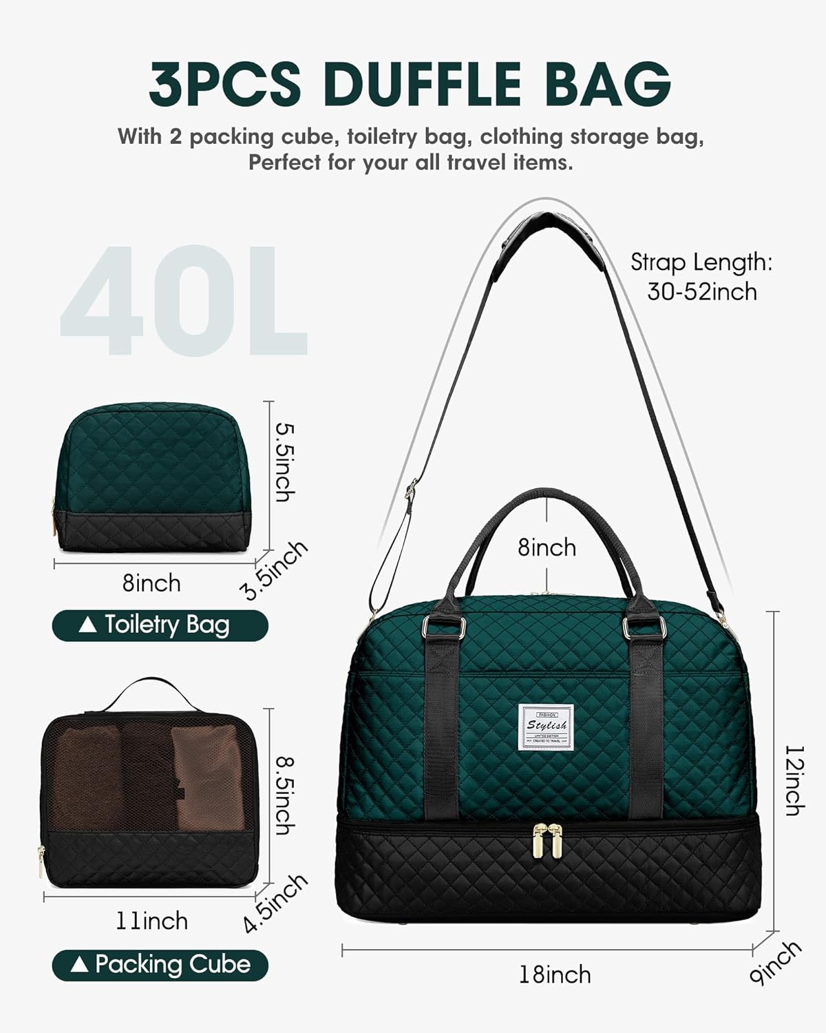 CAYINTOP Weekender Travel Duffle Bag for Women: Overnight Bags with Shoe Compartment Carry on duffel Bag for Airplanes with 2 PCS Toiletry Bags Weekend Yoga Gym Hospital with Wet Pocket Black Green