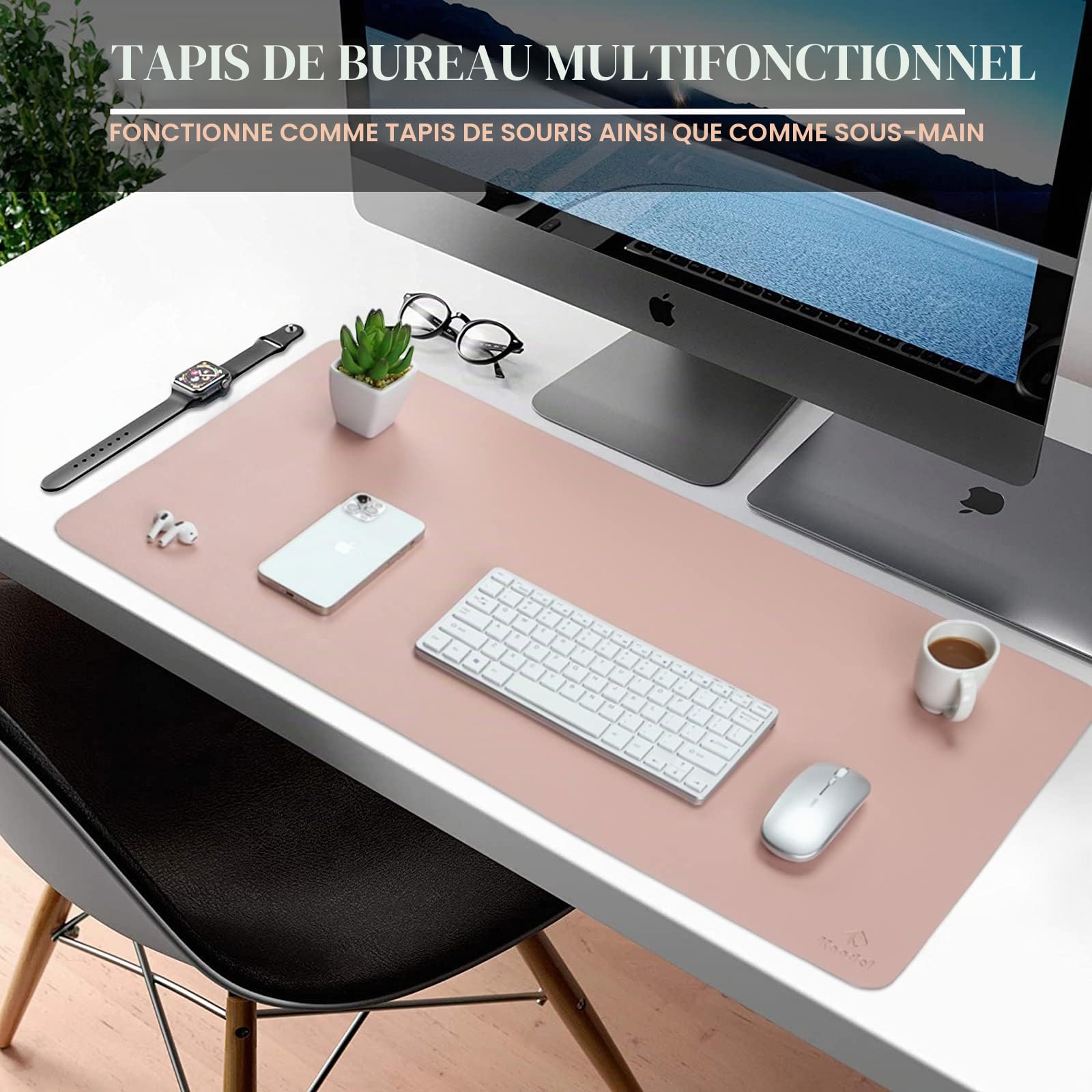 KNODEL Tapis de Bureau 40cm x 80cm Double Face Rose