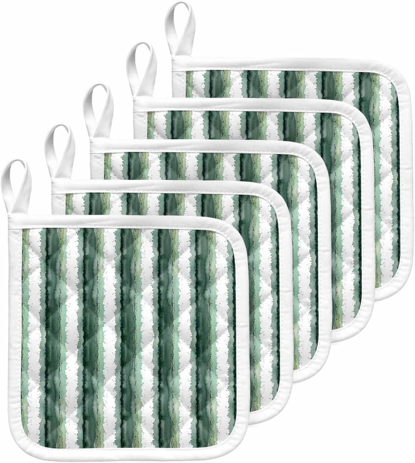 Green Striped Pot Holders for Kitchen Heat Insulation, Watercolor Farmhouse Stripes Abstract Potholders Hot Pads with Hanging Loop, Washable Oven Mitts Pot Holder Trivet for Cooking Baking 5 Pack