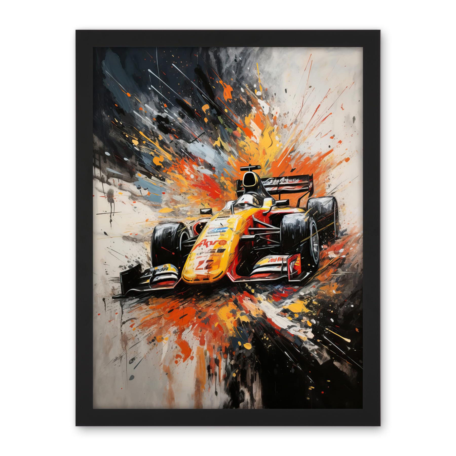 Artery8 Yellow Race Car Racing Scene Modern Spatter Art Artwork Framed Wall Art Print 18X24 Inch