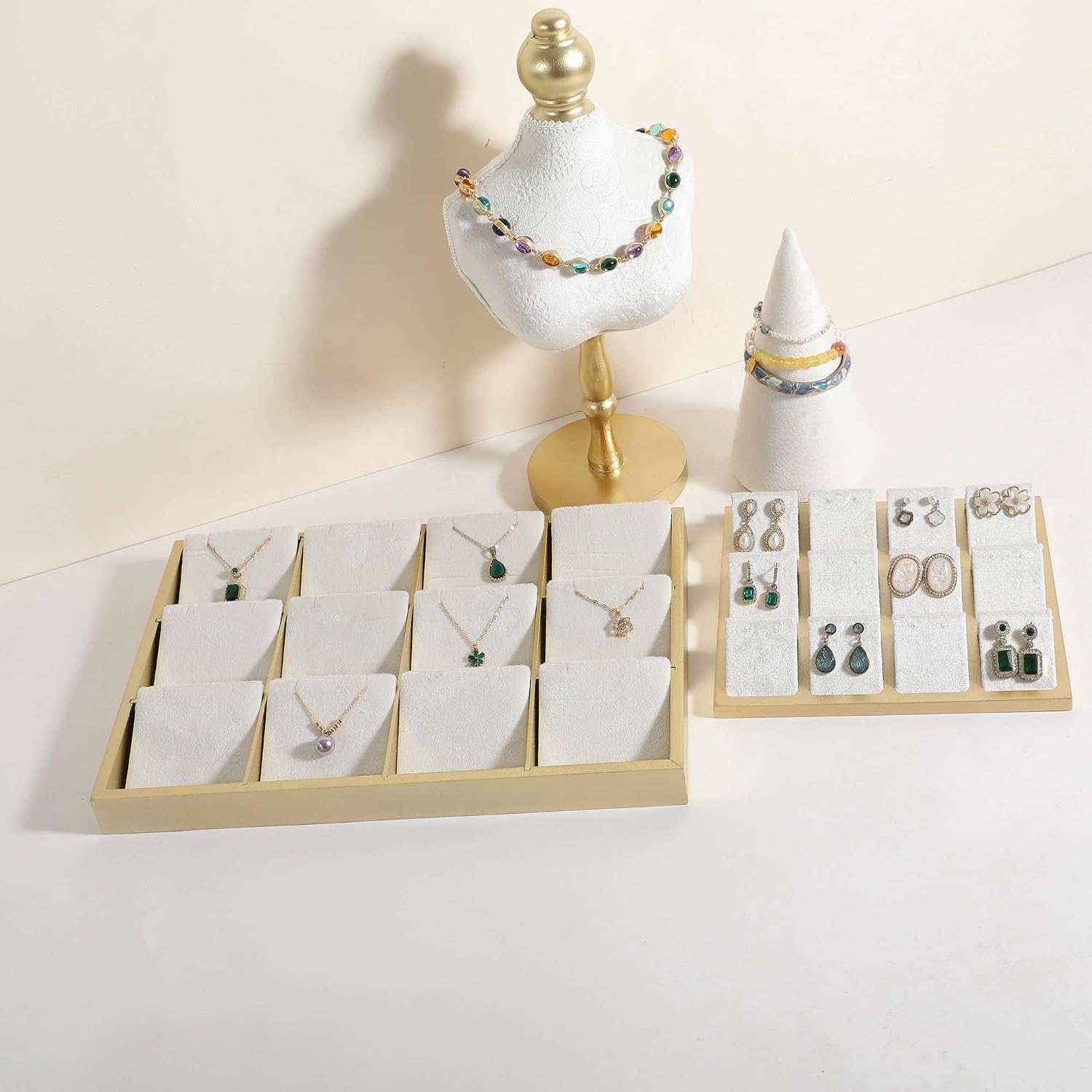 White Velvet Necklace Organizer Tray with 12 Compartments, Tangle-Free Jewelry Storage with Gold Color Base, Necklace Display stand for selling– Ideal for Home or Storefront Display【White】