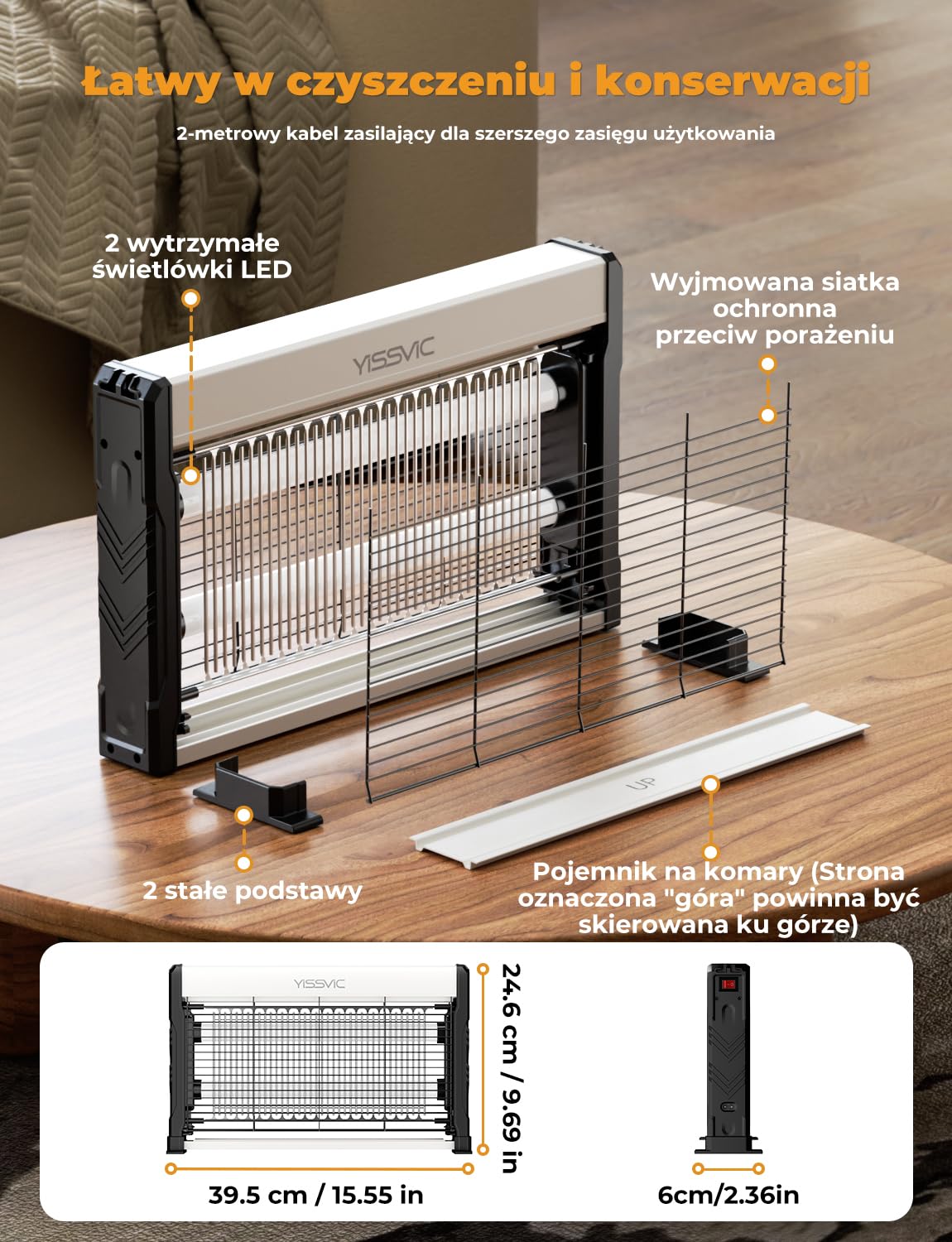 YISSVIC Elektryczna lampa owadobójcza LED, 2 m, kabel z łańcuchem do zawieszania i nóżkami, przeciw molom, komarom, muchom, do wnętrz, 39,5 x 24,6 x 6 cm