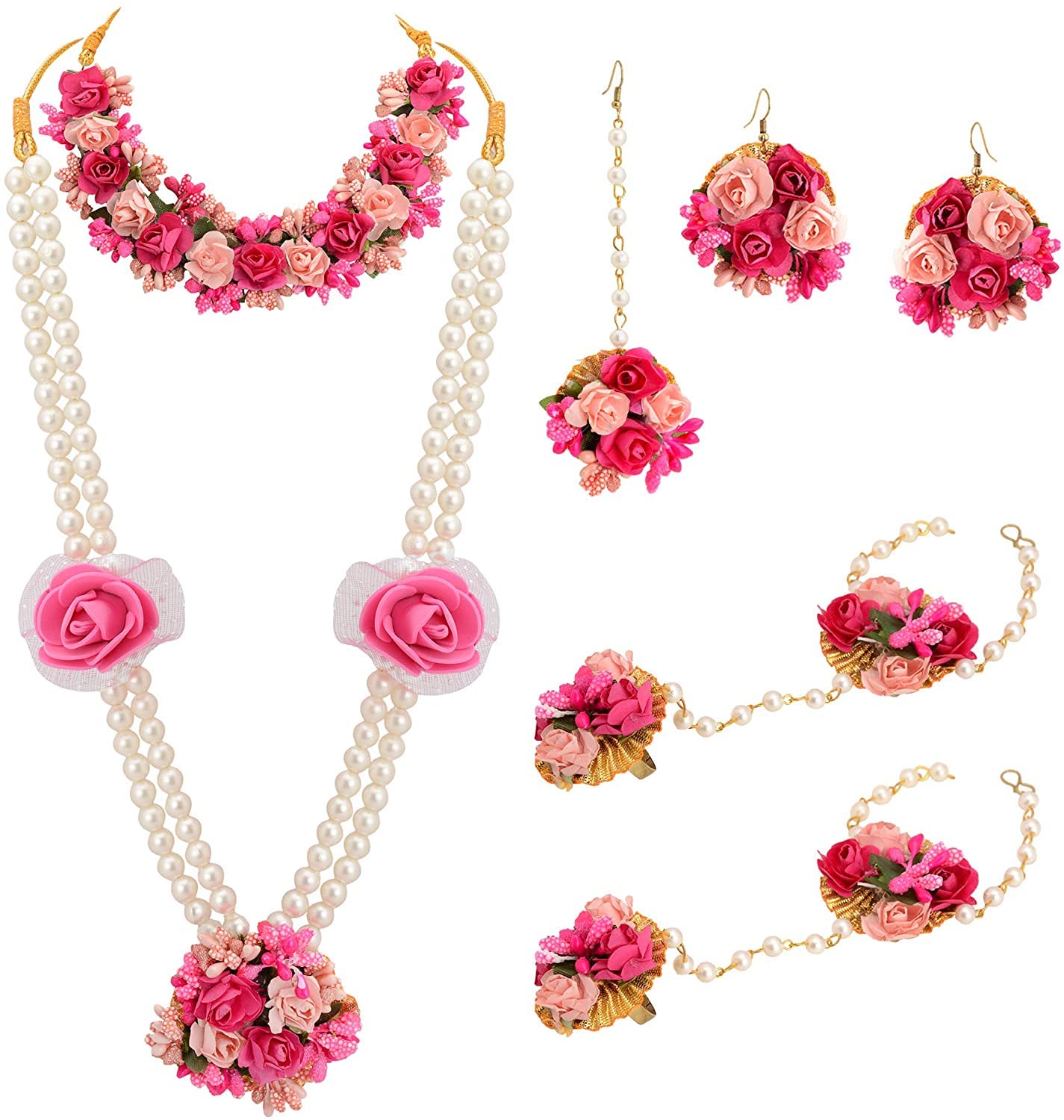 Paru FabricsFloral Fashion Jewellery Neckalce Set, Earrings, Maang Tiika, Bracelet, Ring For Women Haldi, Mehendi, Baby Shower Occasion