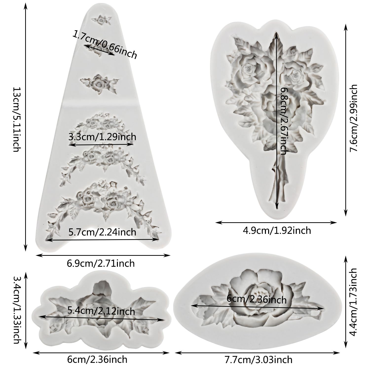 Set De 4 Moules à Fondant En Silicone MYPRACS - Formes : Pétales De Rose, Chapelet Avec Feuilles, Bouquet, Guirlande Fleurs - Pour Décoration Gâteaux, Chocolat, Pâte Polymère