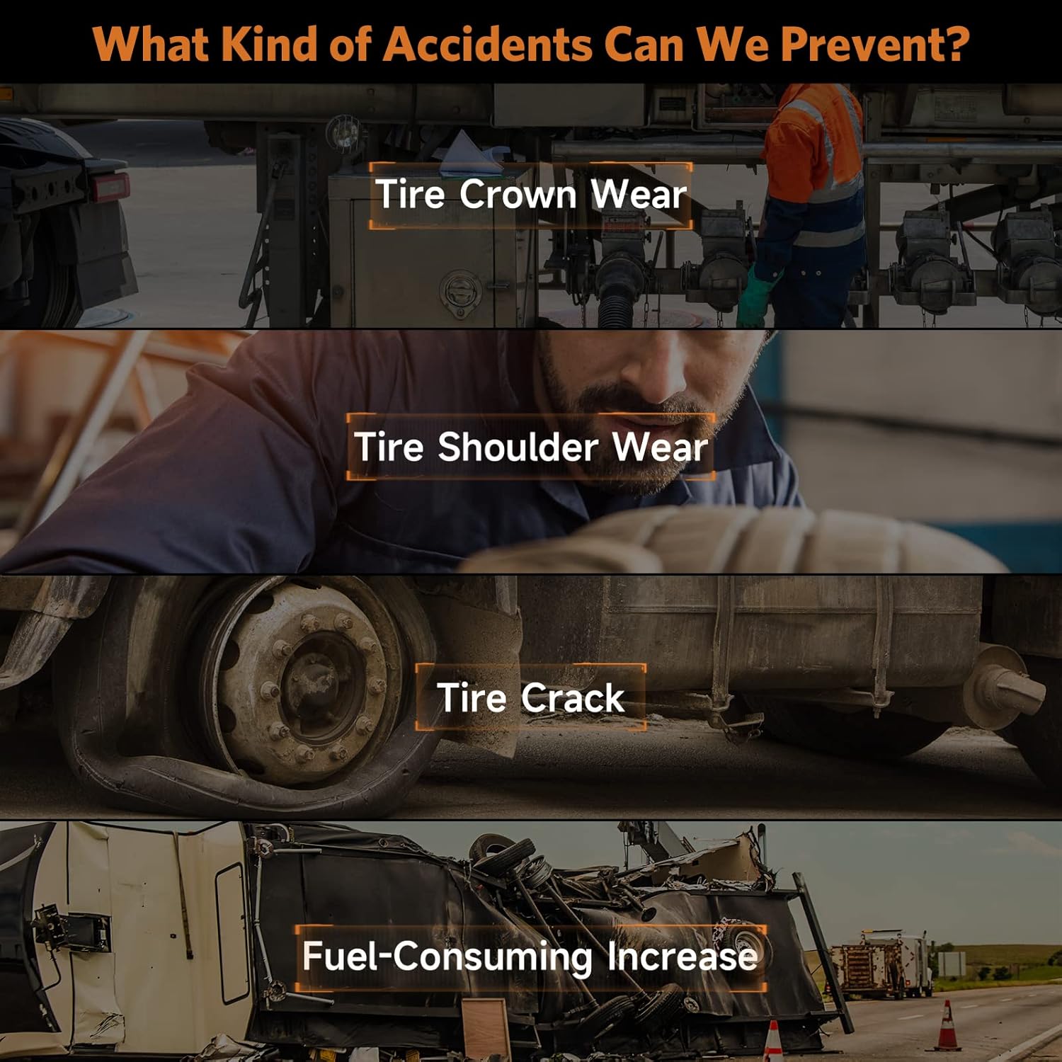 Illustrations of tire crown wear, tire shoulder wear, tire crack, and increased fuel consumption