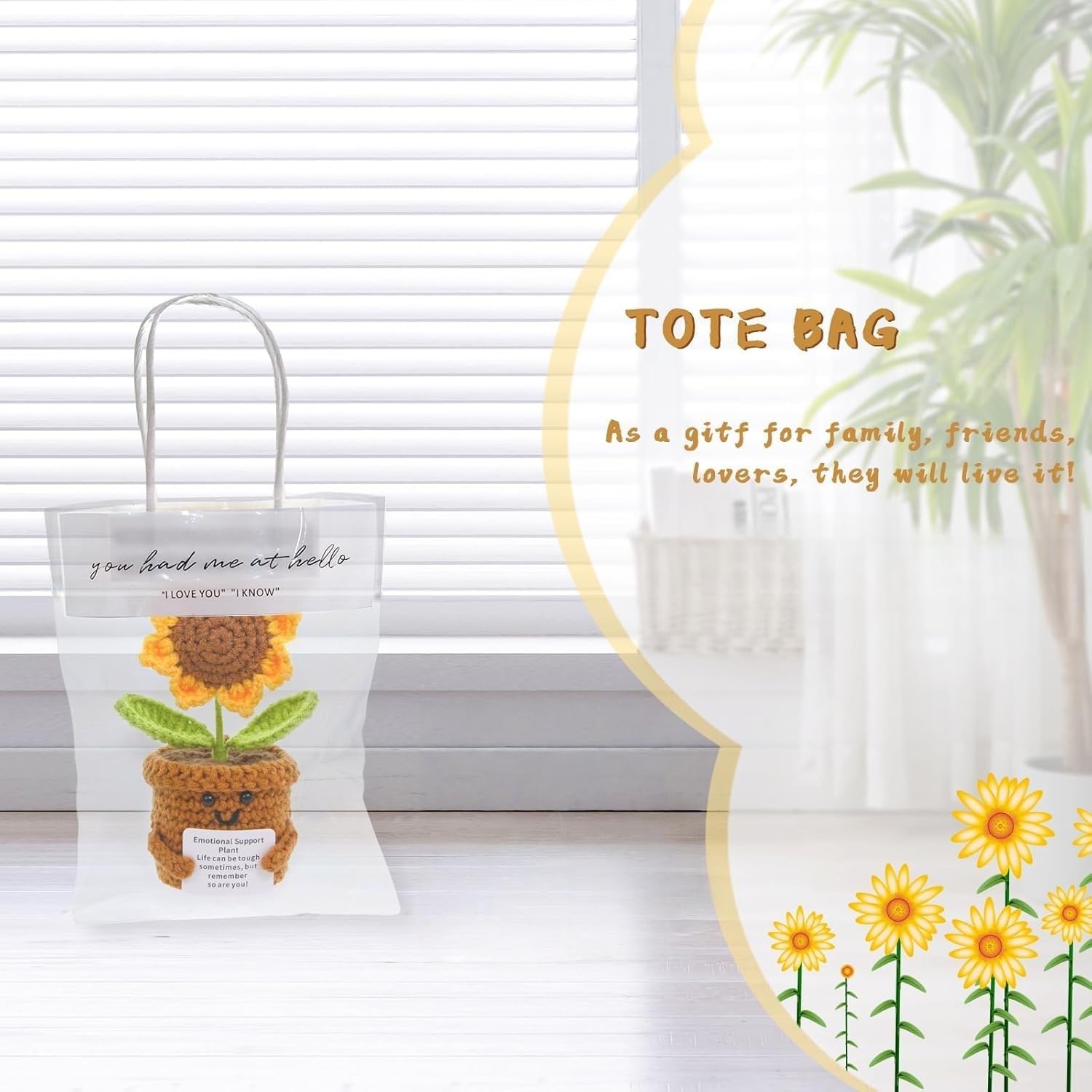 Positive Crochet Sunflower with Card Artical Flowers Emotional Support Plush Plant Crochet Sunflowers Home Office Desk Car Decor for a Sweet Gifts(Sunflower) - Image 7