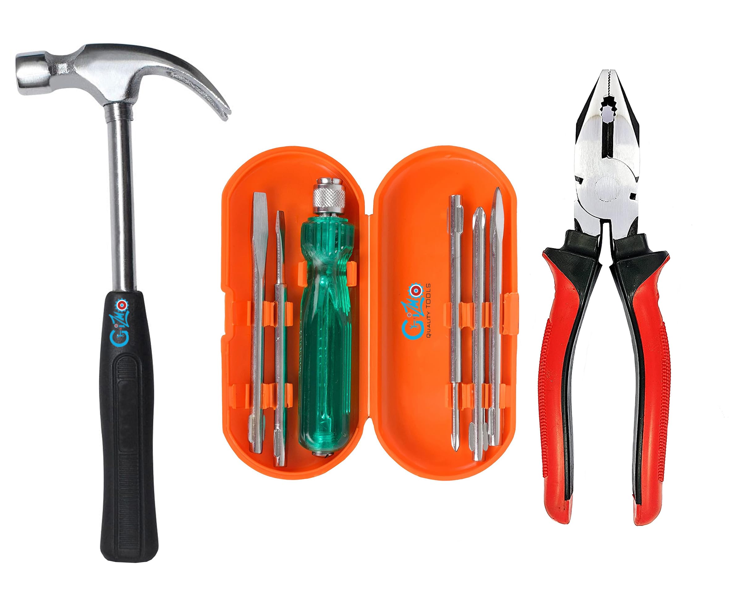 GIZMO Home Tool Set | Lineman Pliers, 5-Piece Screwdriver Set & Claw Hammer | Electrical Tools, Multicolour