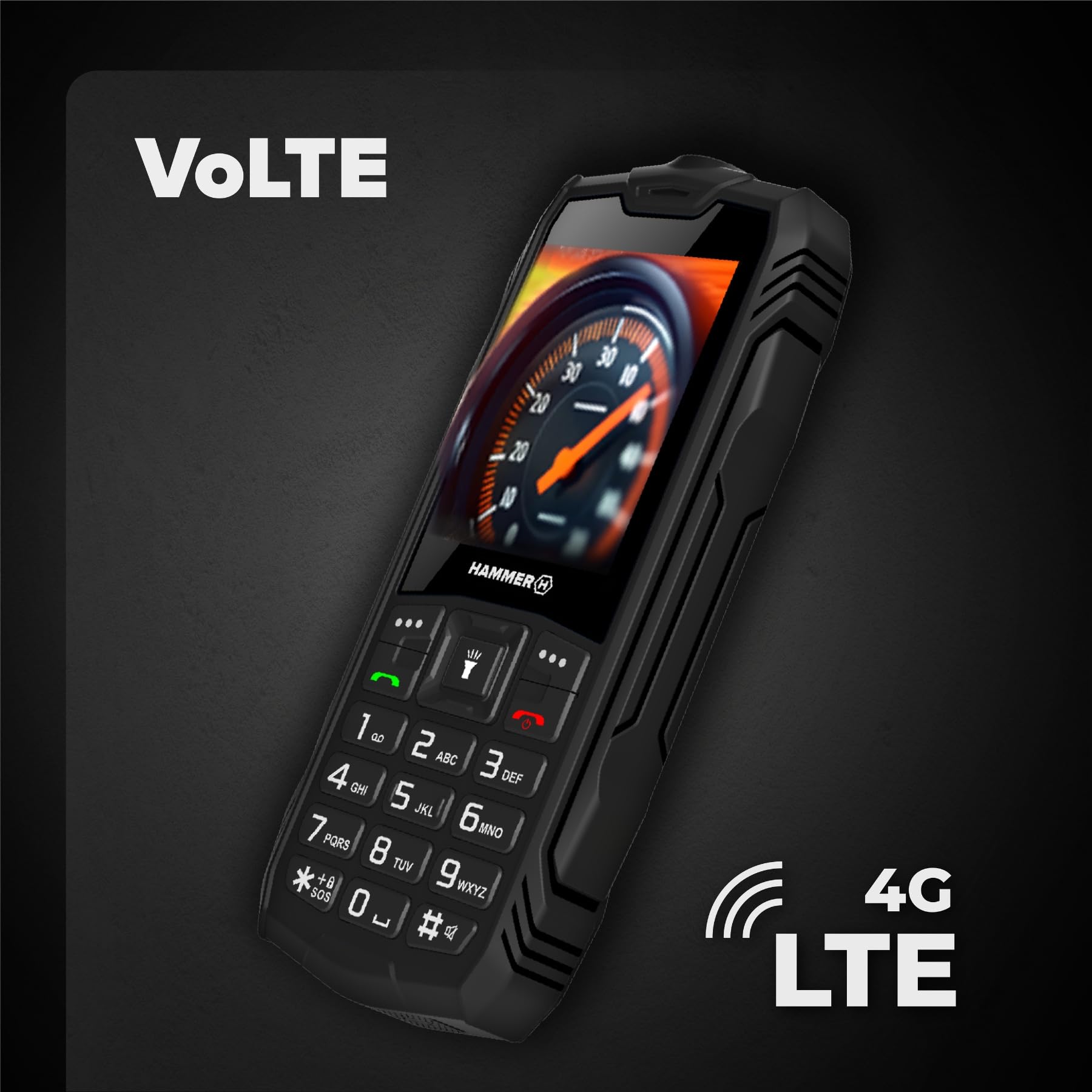 Hammer H Rock LTE Telefono Rugged senza Contratto, 3000mAh, 64 GB, Display IPS 2,4", Tasti Grandi, Tasto SOS, Torcia, Radio FM, Bluetooth, USB-C, Dual SIM, IP68/MIL-STD-810H, Nero