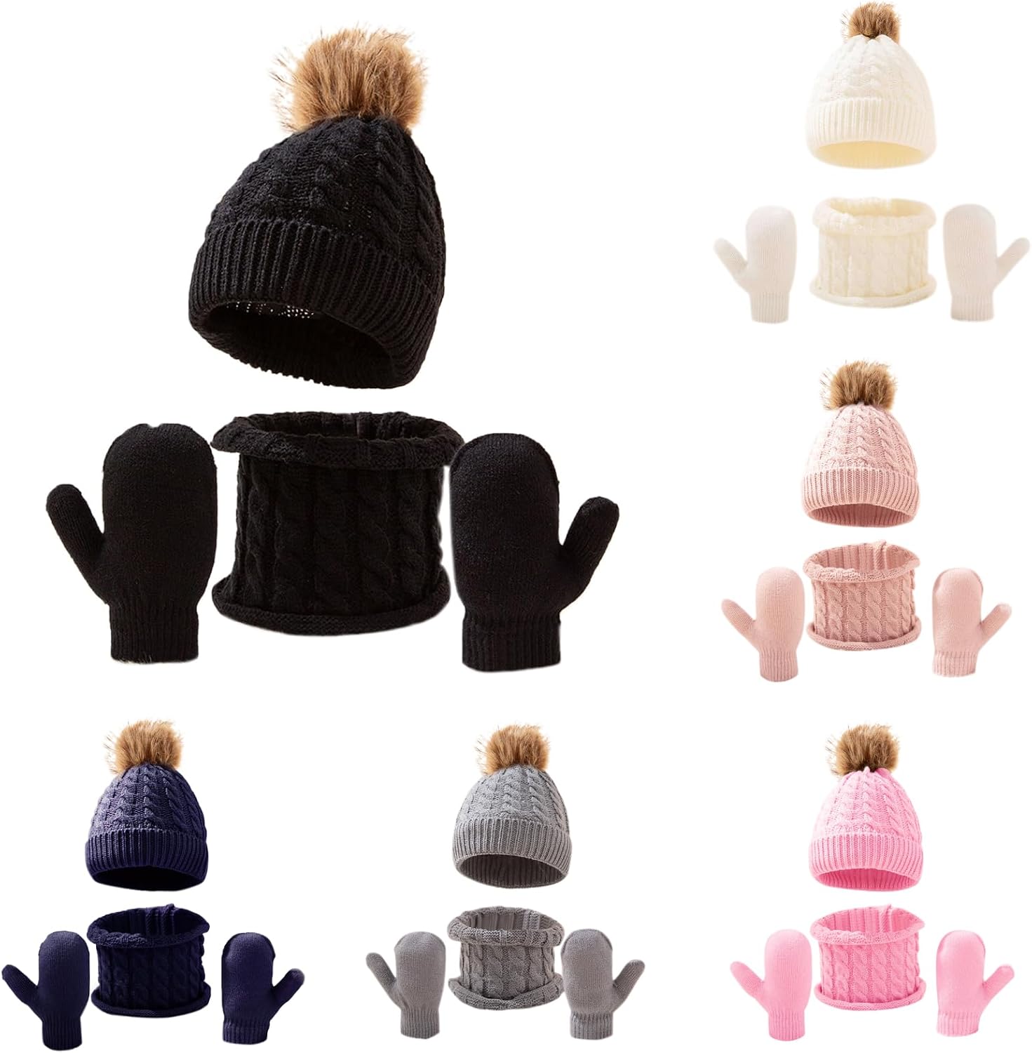 3 Pcs Kids Beanie Hats And Gloves Set Kid'S Knitted Beanie Hat Winter Gloves For Boys Girls