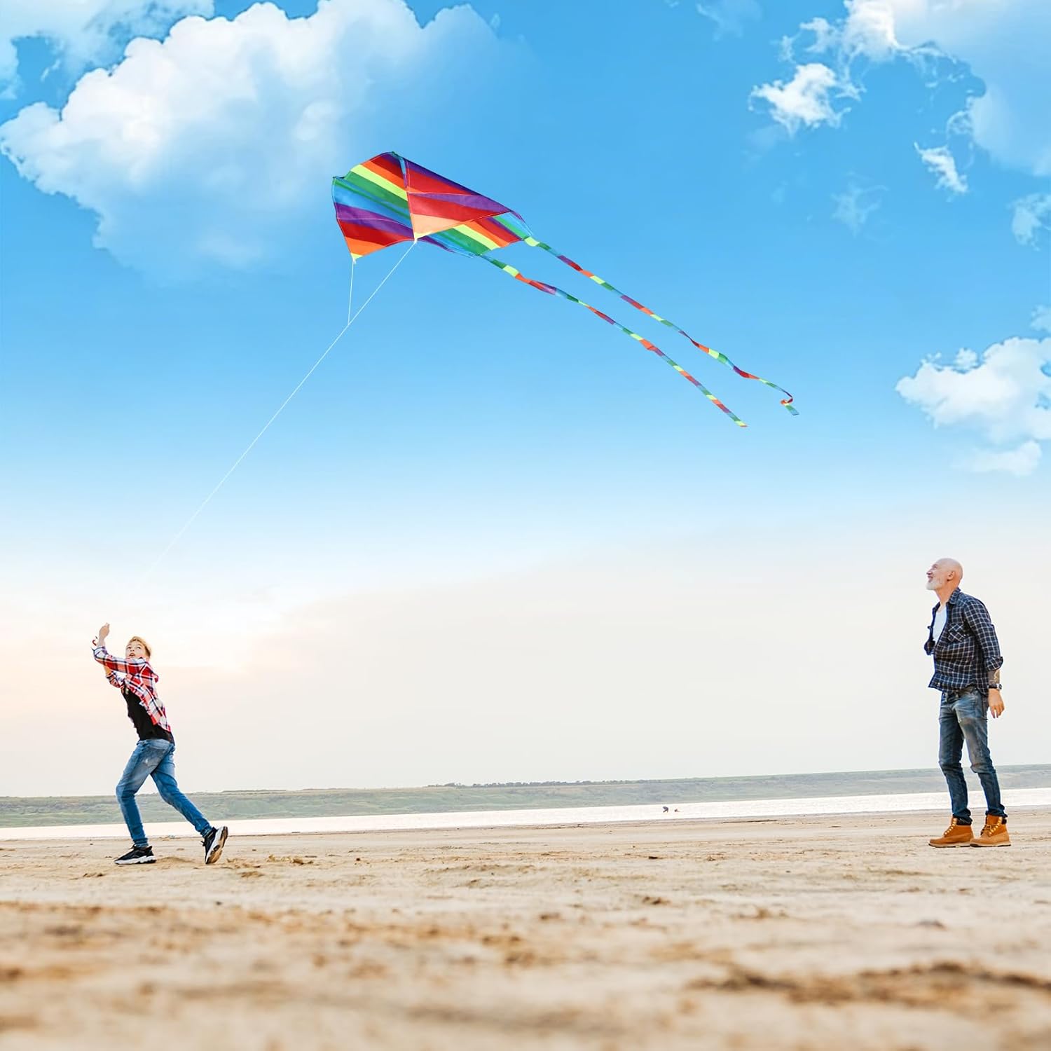 4 Pcs Rainbow Parafoil Kite for Adults Easy to Fly Pocket Kites with 59 Inch Long Tail 164 ft Kite Reel String for Summer Party Beach Park Garden Playground Outdoor (4 Styles)