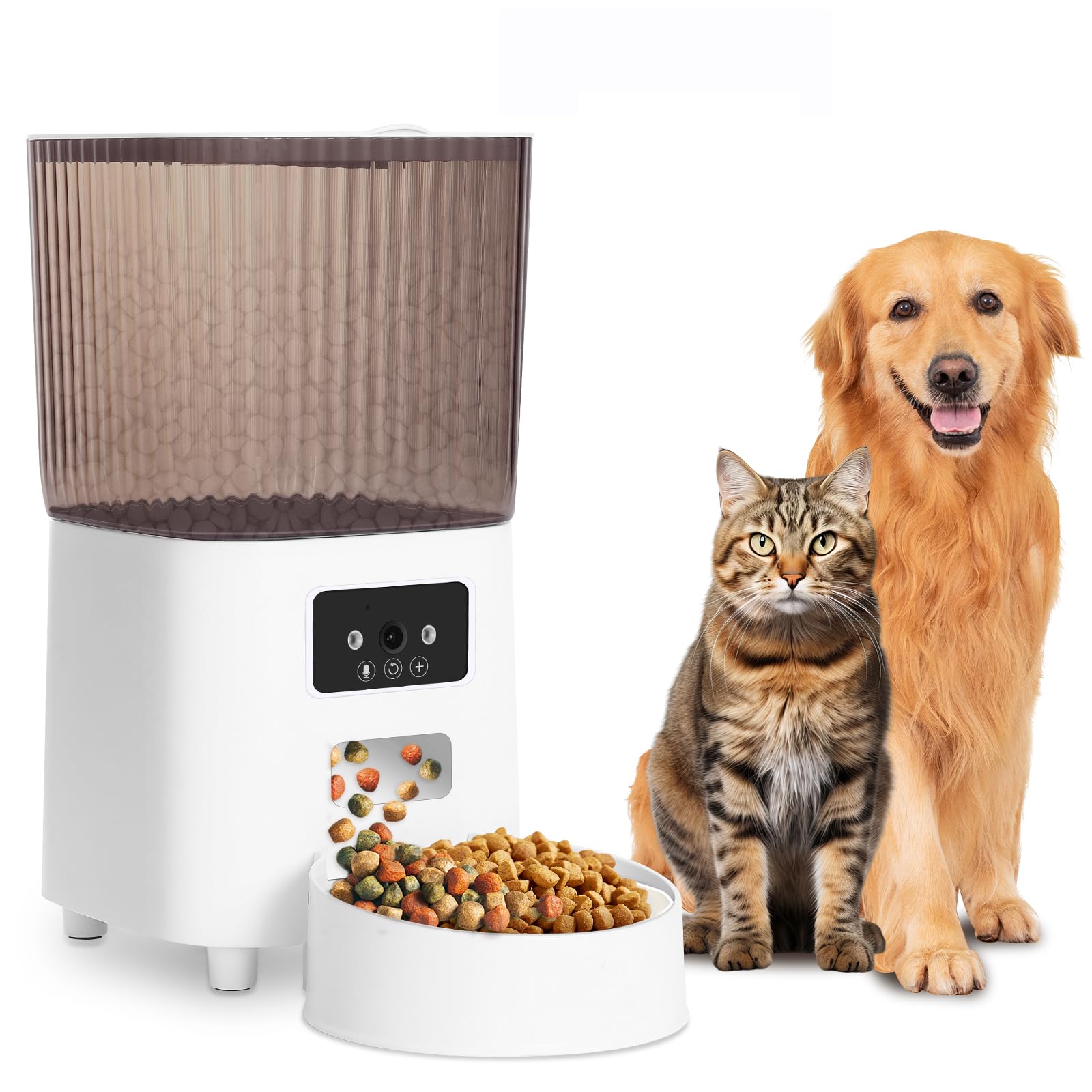 Comedero Gato Automatico con Cámara, 1080P HD Video 2.4G WiFi Alimentador de Mascotas, Control App, Voz en Tiempo Real, Alertas de Movimiento y Sonido a través de App Remota, 5L