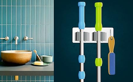 KEMENDRA 1Piece Stainless Steel Racks with Hooks Heavy Duty Wall Mounted Broom and Mop Stick Holder, Hanging Tools for Garage,Laundry,Garden,Kitchen,Bathroom,Toilet and Office(2 Broom 1 Hook, Silver)