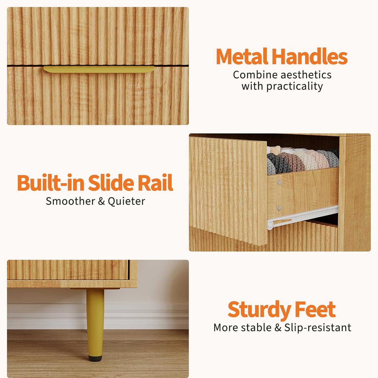 Garvee 56" Wide Fluted Dresser for Bedroom with 6 Drawers, Wooden Chest of Drawers with Gold Metal Handle & Feet, Fluted Dresser for Living Room, Hallway, Bedroom, Natural