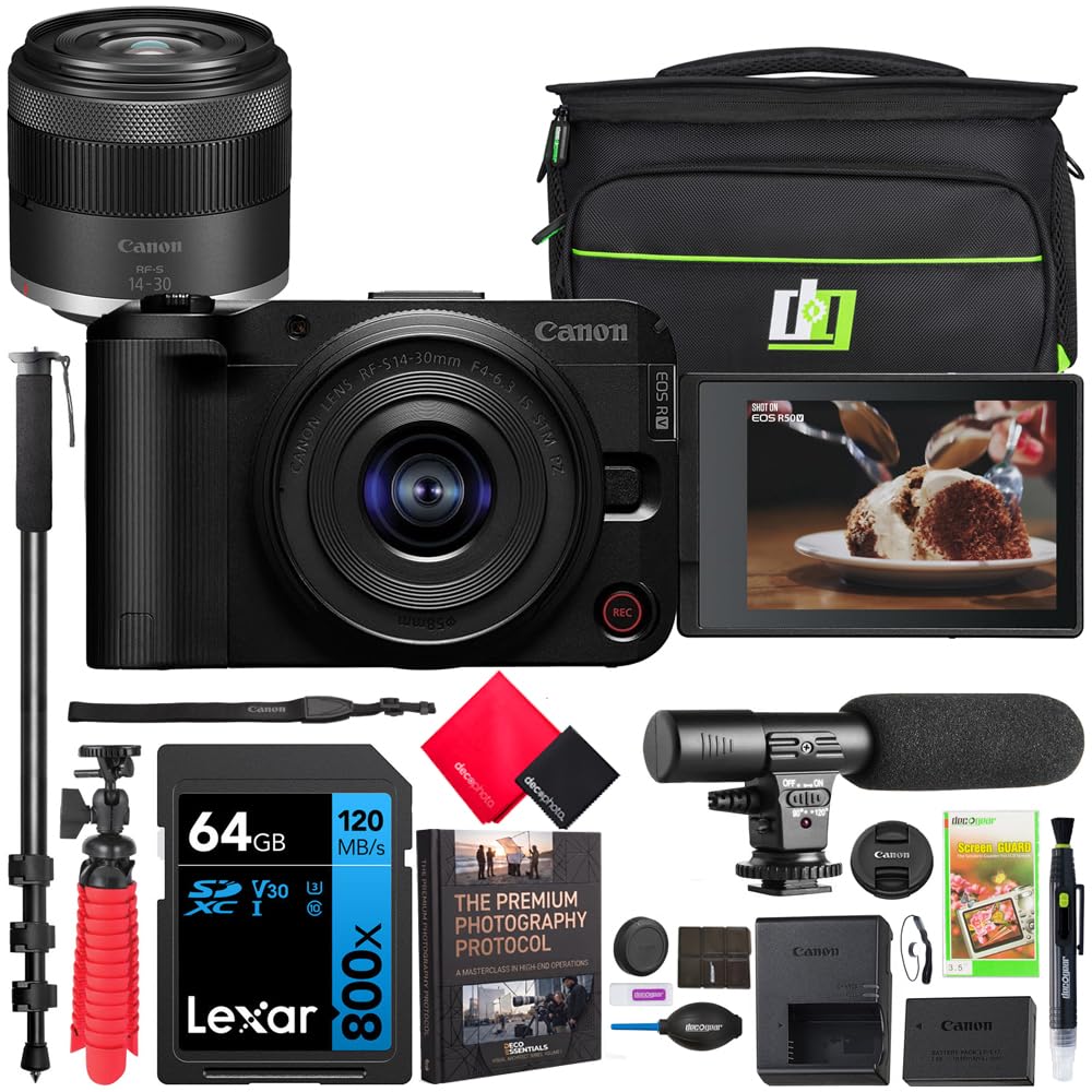 Canon EOS R50 V Mirrorless Camera for Content Creators with 14-30mm F4-6.3 is STM PZ Lens Kit 6895C012 Bundle with Deco Gear Photography Bag + Microphone + Monopod + Tripod Grip & Accessories-image-13