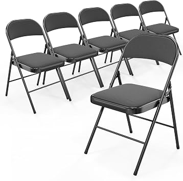 Bonnlo Folding Chair, Fabric Padded Folding Chairs with Cushion, Back and Steel Frame for Indoor Outdoor Outside Dinning Office Camping Use, Black, 6 Pack