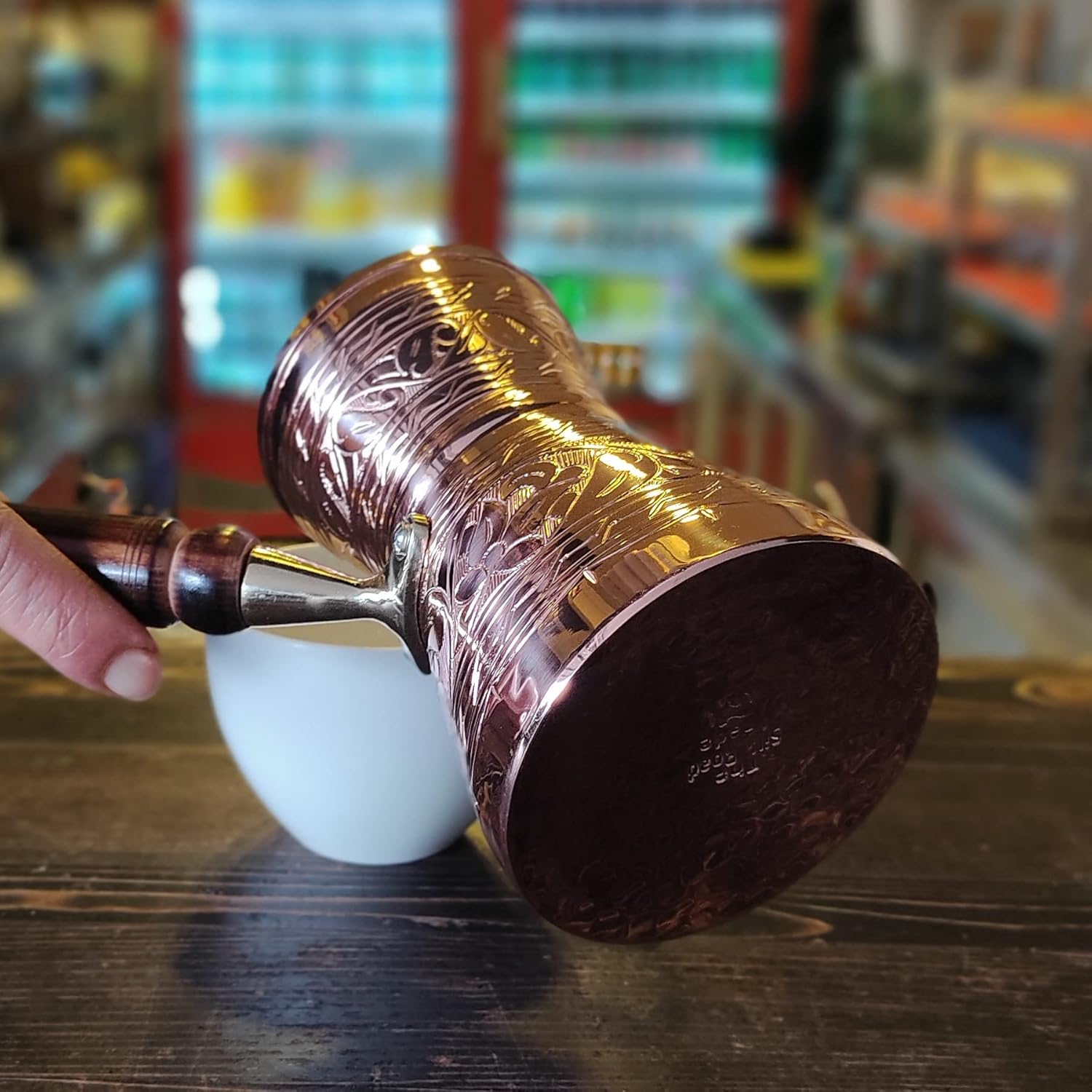 GCP Series (Large-16.9 floz) Thickest Solid Copper Engraved-Hammered Greek Turkish Arabic Coffee Pot with Wood Handle,Stovetop Coffee Maker Cezve,Jezve,Jazva,Ibrik,Briki (Shiny)