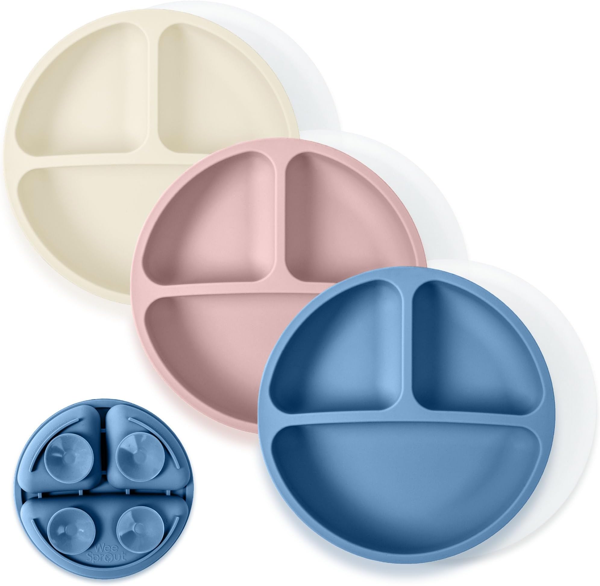WeeSprout Suction Plates with Lids for Babies & Toddlers - 100% Silicone, Plates Stay Put with Suction Feature, Divided Design, Microwave & Dishwasher Friendly, 3 Pack