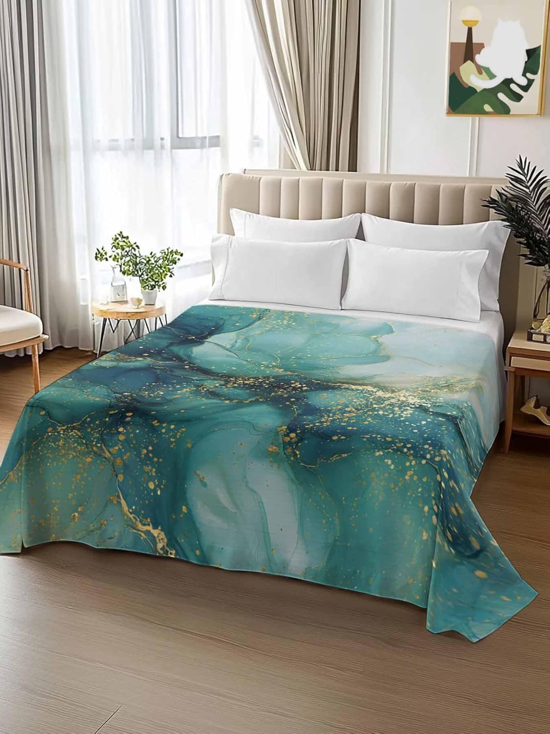 Top Sheet Full Bedding Flat Sheet Only, Abstract Marble Texture Microfiber Bed Sheets Soft Breathable Bedding Flat Sheets, Gold Green Gradient Hotel Luxury Top Sheets