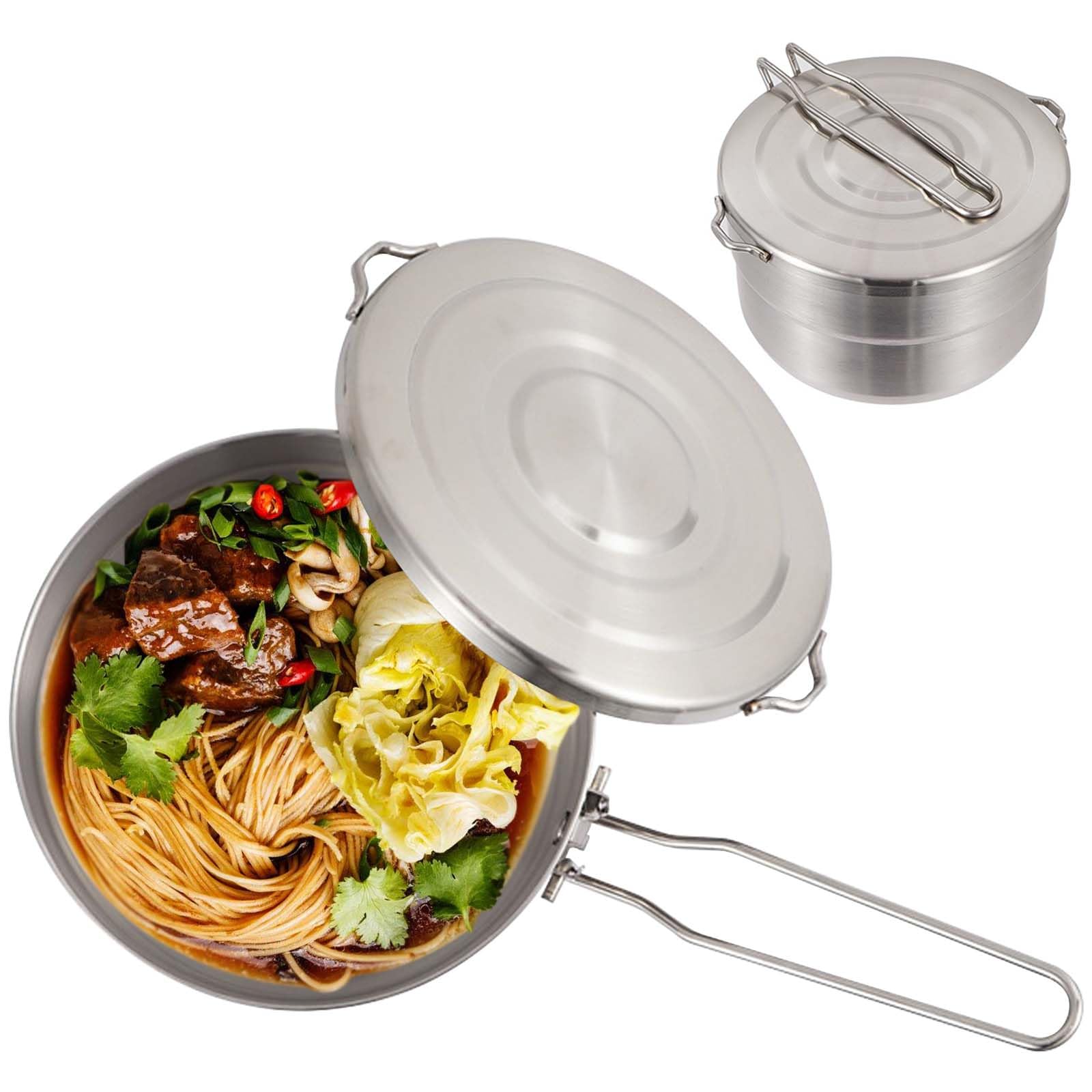 Set di stoviglie da campeggio, in acciaio inox, 1,5 l, con coperchio e manico pieghevole, per campeggio, escursioni, picnic