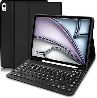 جراب مع لوحة مفاتيح M3 2025 قابلة للفصل بتصميم المملكة المتحدة (توافر اللغة العربية غير مؤكد) لجهاز اي باد اير الجيل الرابع والخامس 10.9 بوصة/ الجيل السادس 11 بوصة M2 2024 من كويزفي، أسود