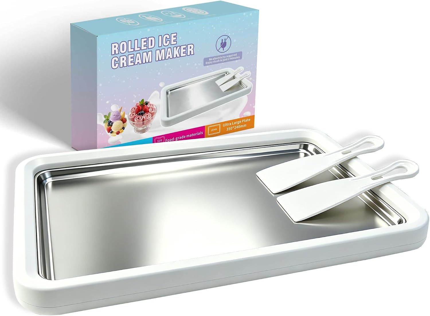 13.8 * 9.5 Inch Extra Large Rolled Ice Cream Maker, Rolled Ice Cream Tray | Ice Cream Roller Maker Use 304 Food Grade Premium Stainless Steel, Make Instant Ice Cream with Family at Home with 2 Spatulas