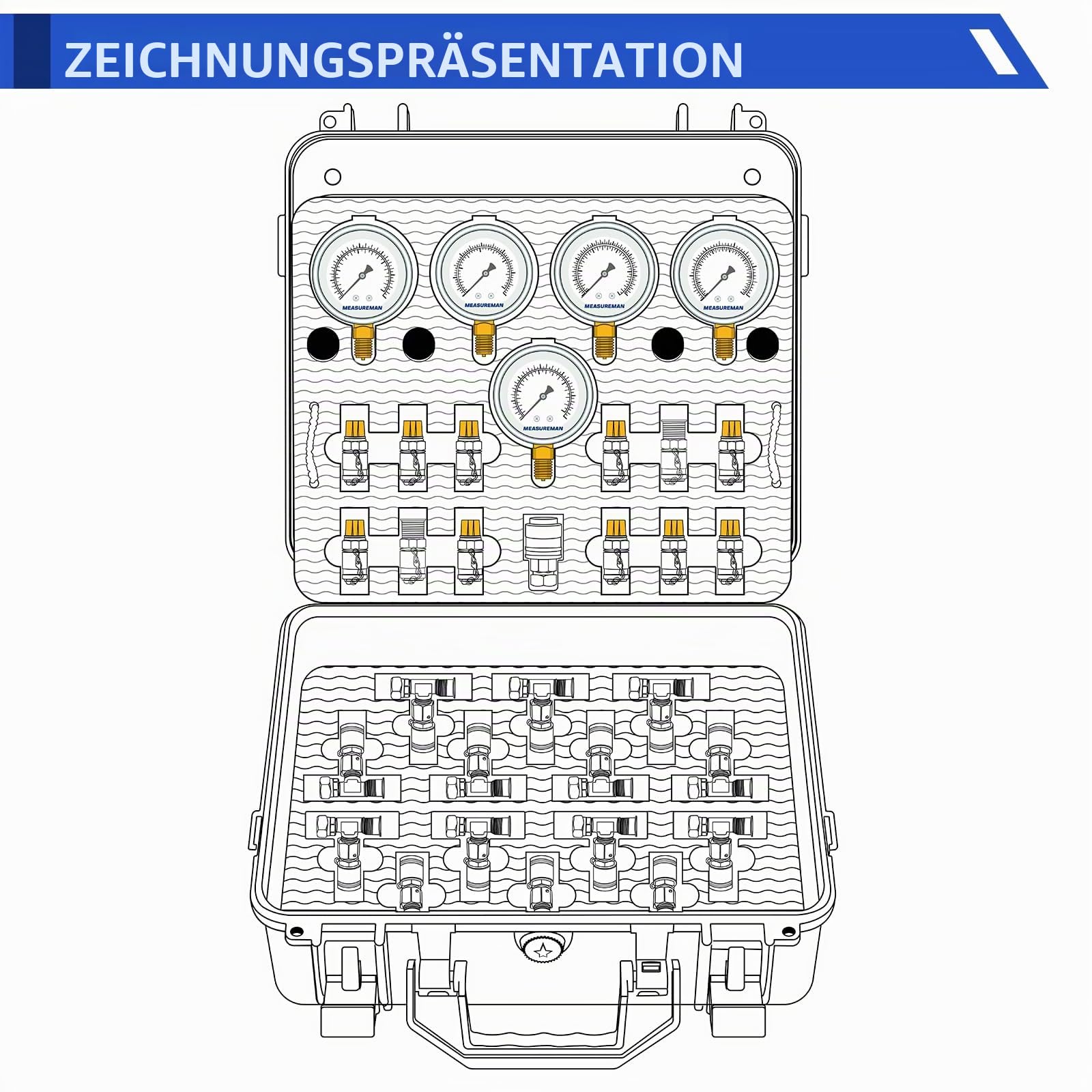 Hydraulisches Drucktestset mit 5 Messgeräten (10/100/280/400/600bar), 12 Testkupplungen, 14 T-Anschlüssen, 5 Prüfschläuche für Bagger und Baumaschinen