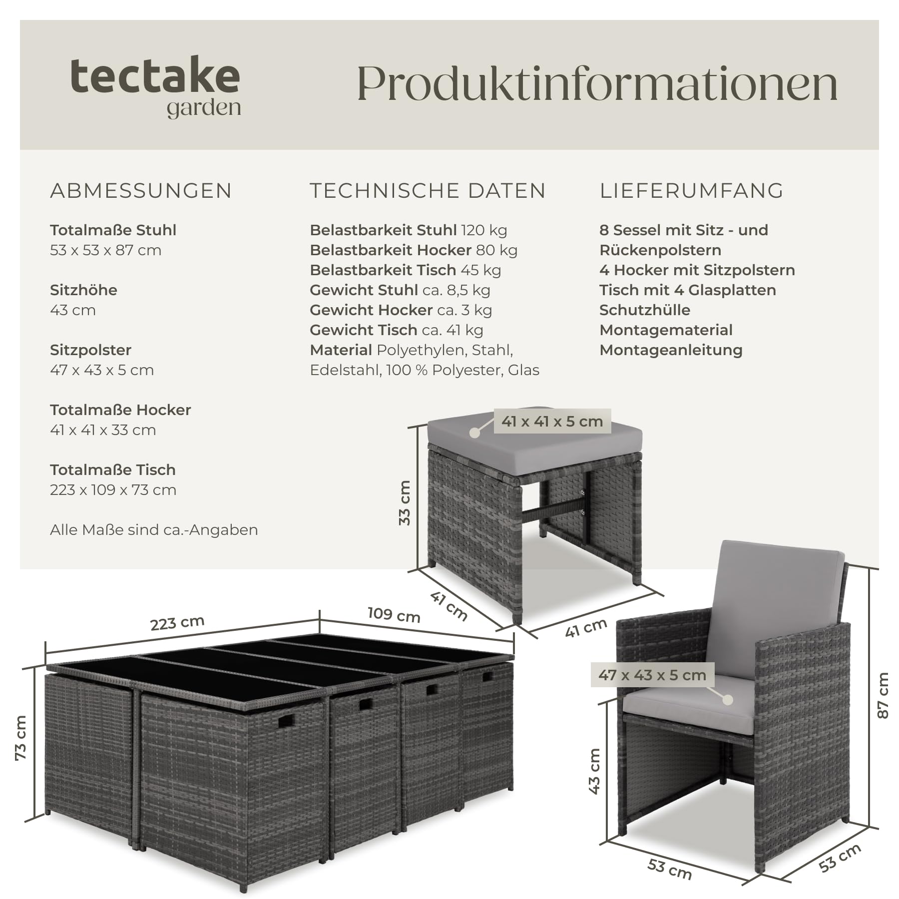tectake Gartenlounge Set, Polyrattan Gartenmöbel Set, 8+4+1 Sitzgruppe, 8 Stühle 4 Hocker 1 Tisch, Balkon Möbel als Würfel verstaubar, für Garten, Balkon, Terrasse - grau/hellgrau