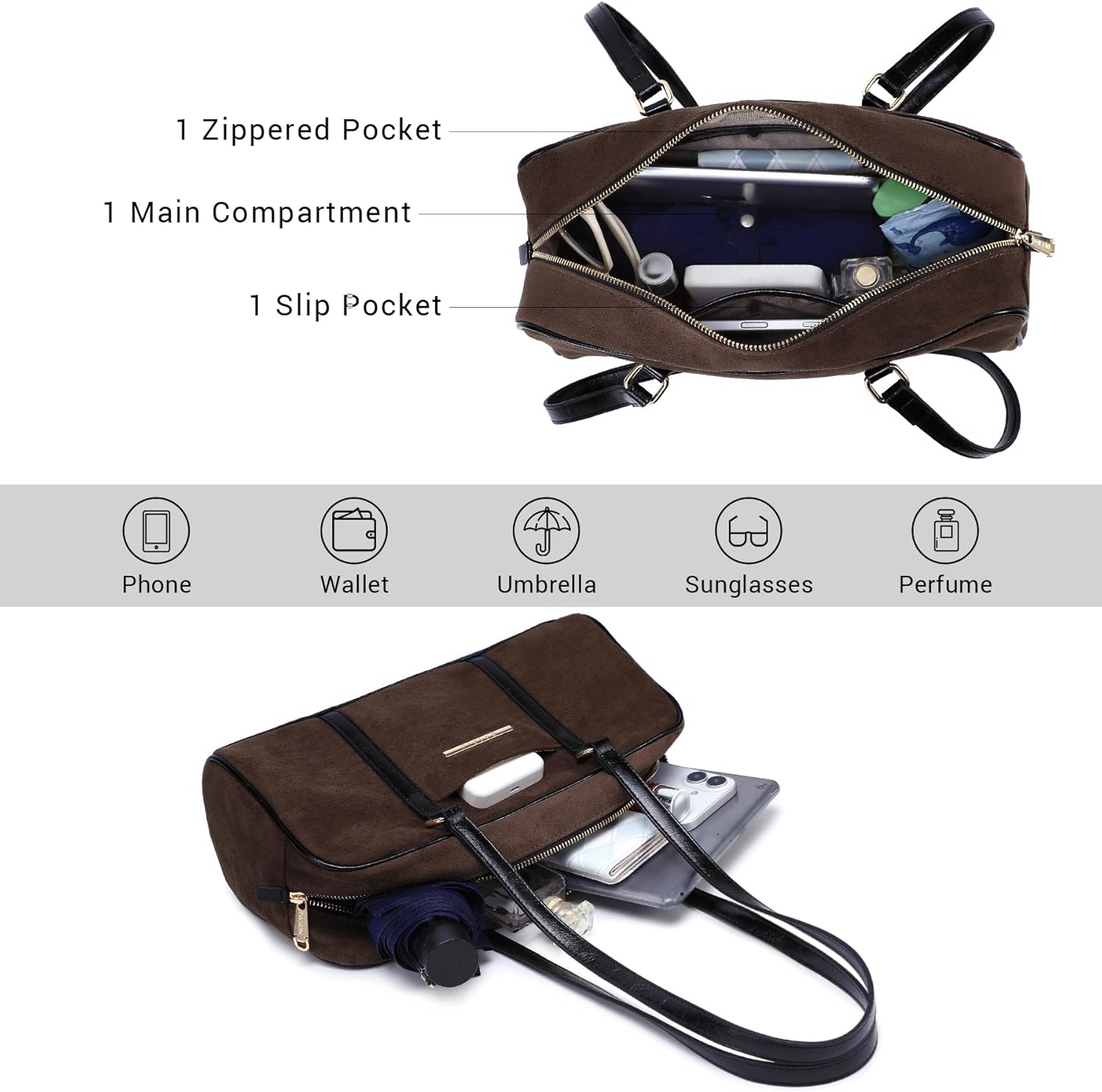 Dasein Faux Suede Shoulder Purses Retro Hobo Handbag Boston Style Bag East West Satchel for Women - Image 5