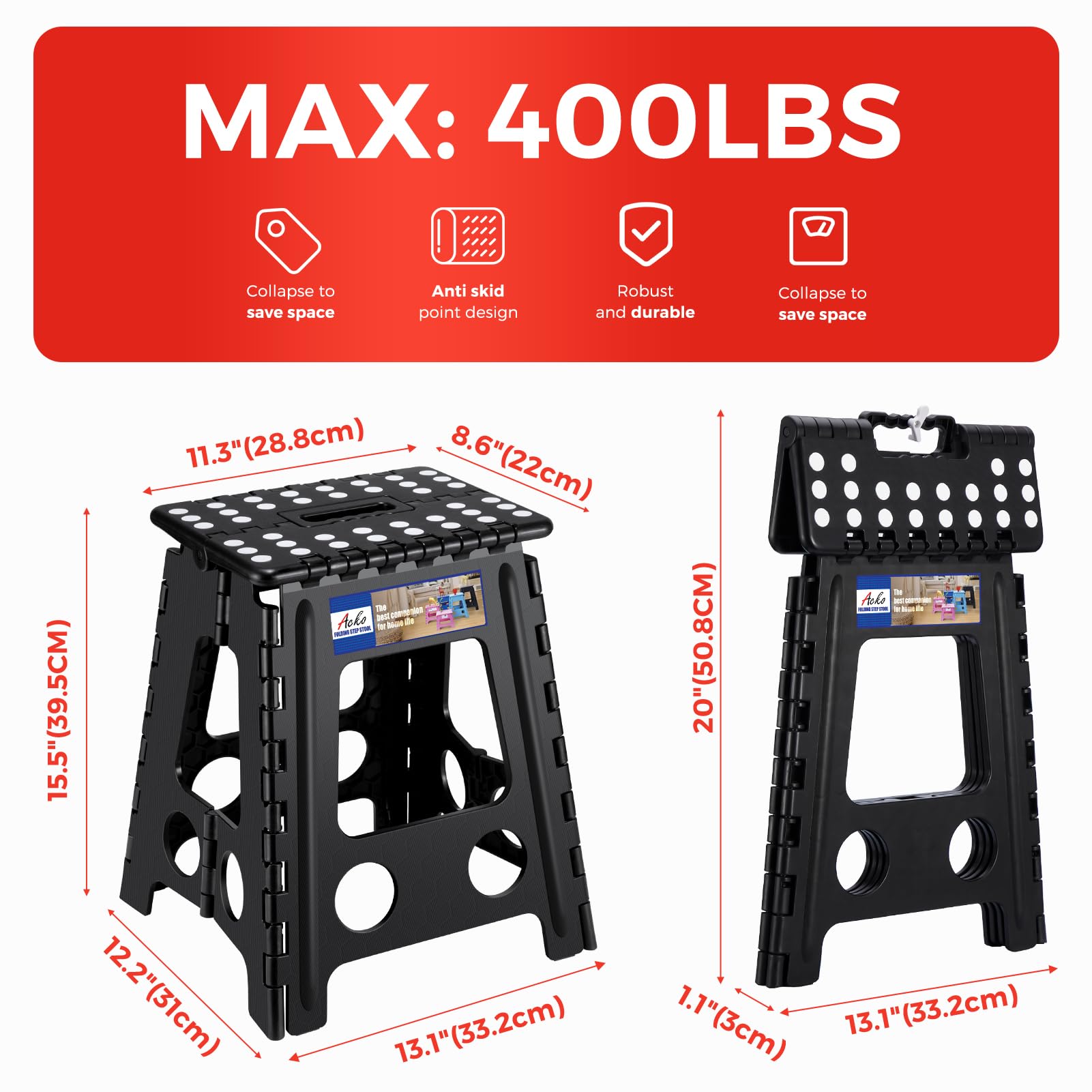 ACSTEP Sgabello Pieghevole In Plastica 40,6 Cm - Portata 180 Kg, Con Maniglia E Base Antiscivolo - Per Cucina E Campeggio (Nero)