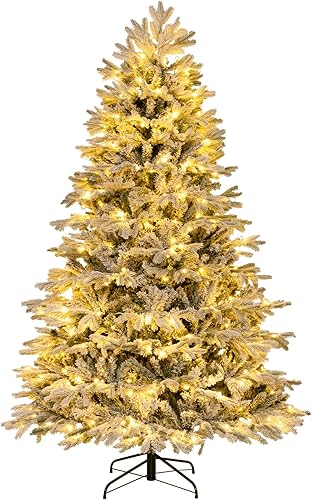 DORTALA Árbol de Navidad preiluminado, árbol de Navidad artificial flocado de nieve de 7 pies con 1328 puntas de rama, 450 luces LED blancas