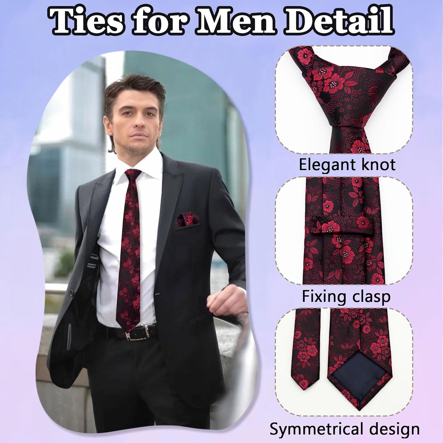 LJBFNN Ties for Men Floral Tie and Pocket Square Sets, Men's Neck Ties and Handkerchief Combo for Prom Business Wedding Party