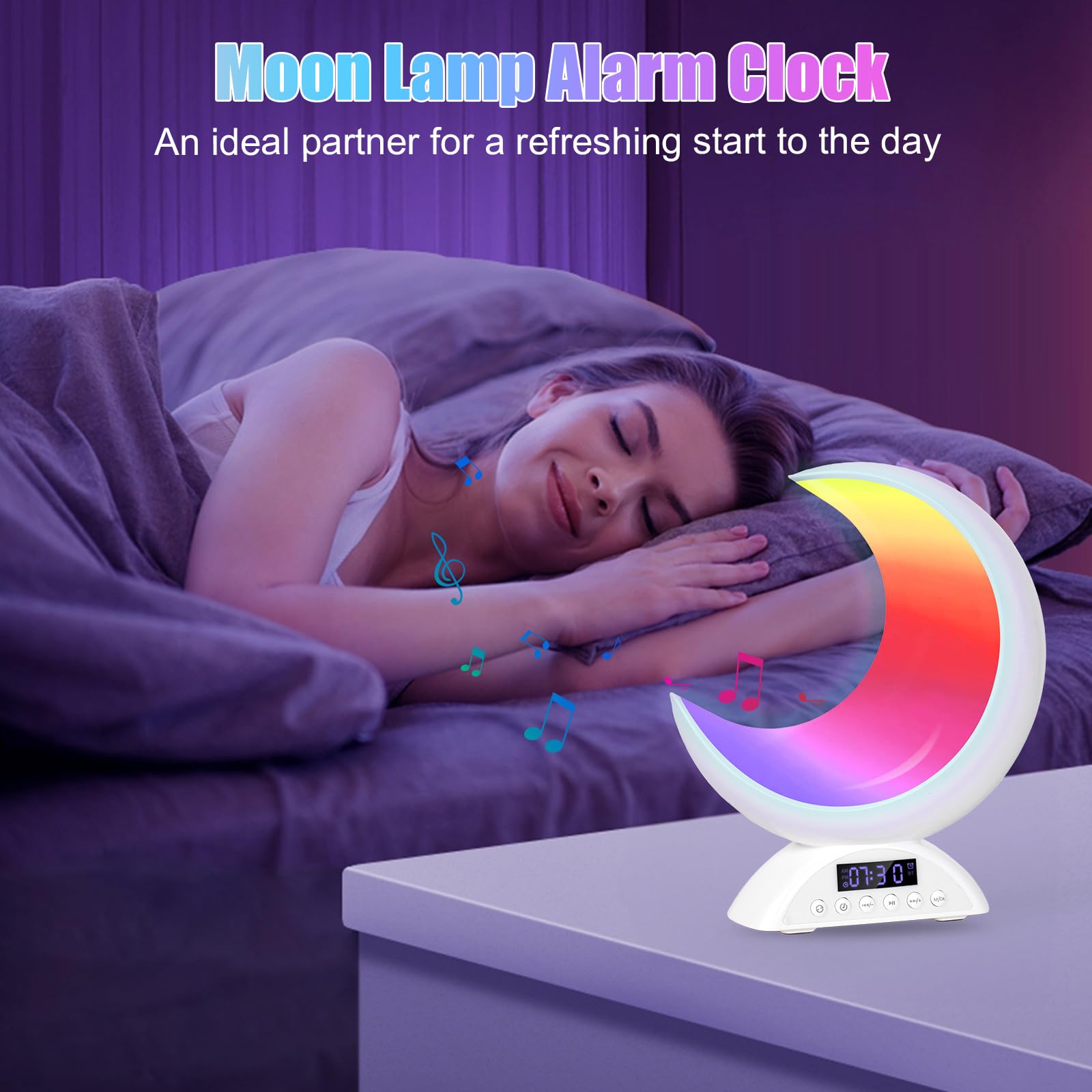 Lampada da Comodino a Forma di Luna, Luce Notturna con Altoparlante, Sveglia da Comodino Musicale, 20 Colori di Luce, USB Lampada Notturna Dimmerabile per Cameretta, Soggiorno
