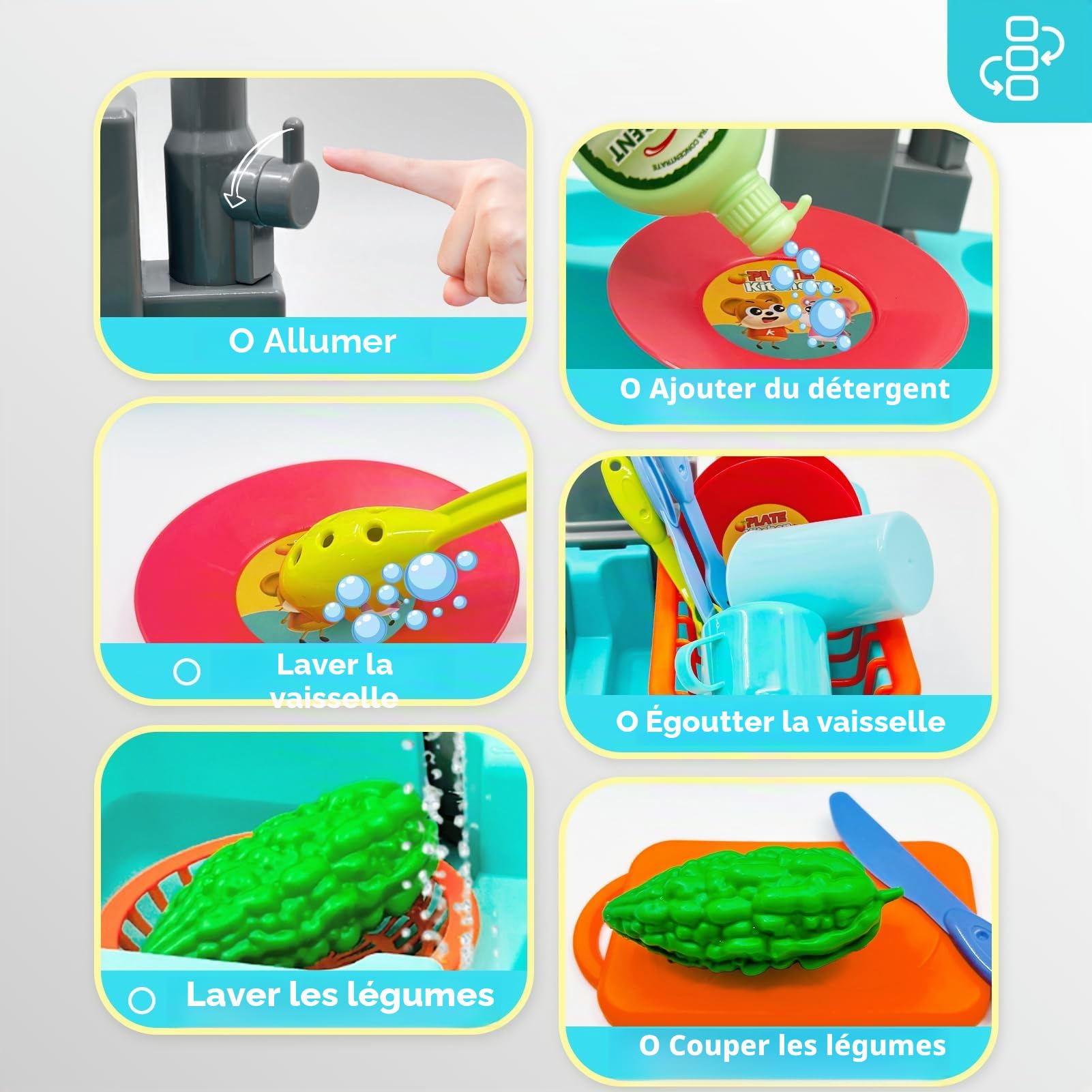 Acelane Jeu d'Évier de Cuisine pour Enfants avec Robinet à Recyclage d'Eau, Jouets de Cuisine Accessoires avec Robinet Enfant Pompe, Évier Jouet Enfants 3+ Ans avec légumes jouets - Jeu de Rôle (Bleu)
