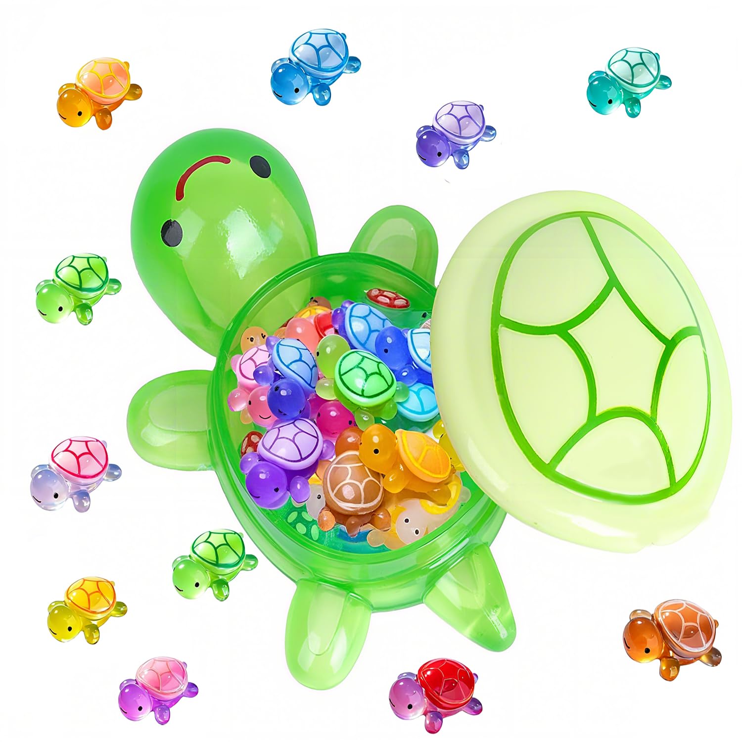 Famille de tortues lumineuses XXL : 1 x grande tortue mère (17 cm, avec compartiment de rangement) + 50 x mini tortues phosphorescentes – Décoration en résine résistante aux intempéries pour