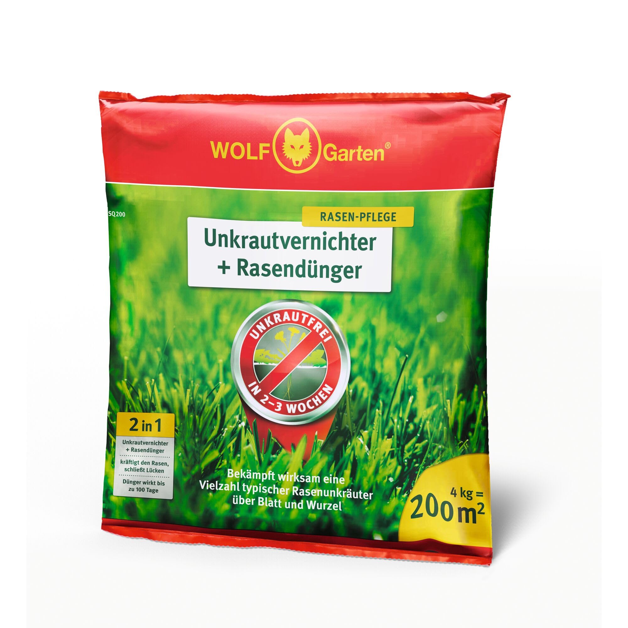WOLF-Garten 2-in-1: Unkrautvernichter + Rasendünger SQ 200 (Rasendünger und Unkrautvernichter, wirkt über Blätter und Wurzeln, Wirkung bis zu 100 Tagen, ausreichend bis 200 m2) 3840725