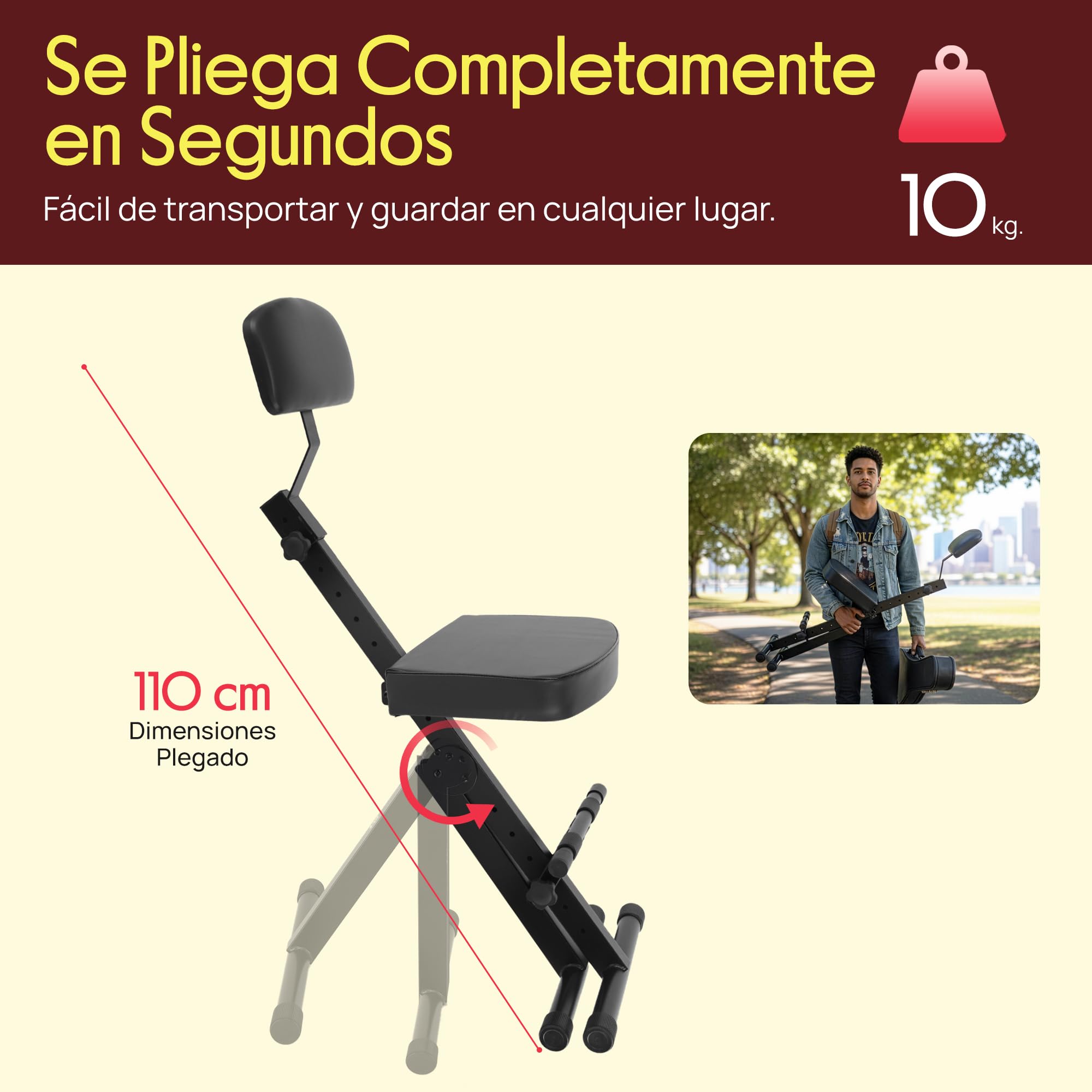 Pyle Taburete Guitarra, Silla bateria, Portátil, Ajustable, para músicos Plegable, Asiento y Respaldo Acolchados, Reposapiés