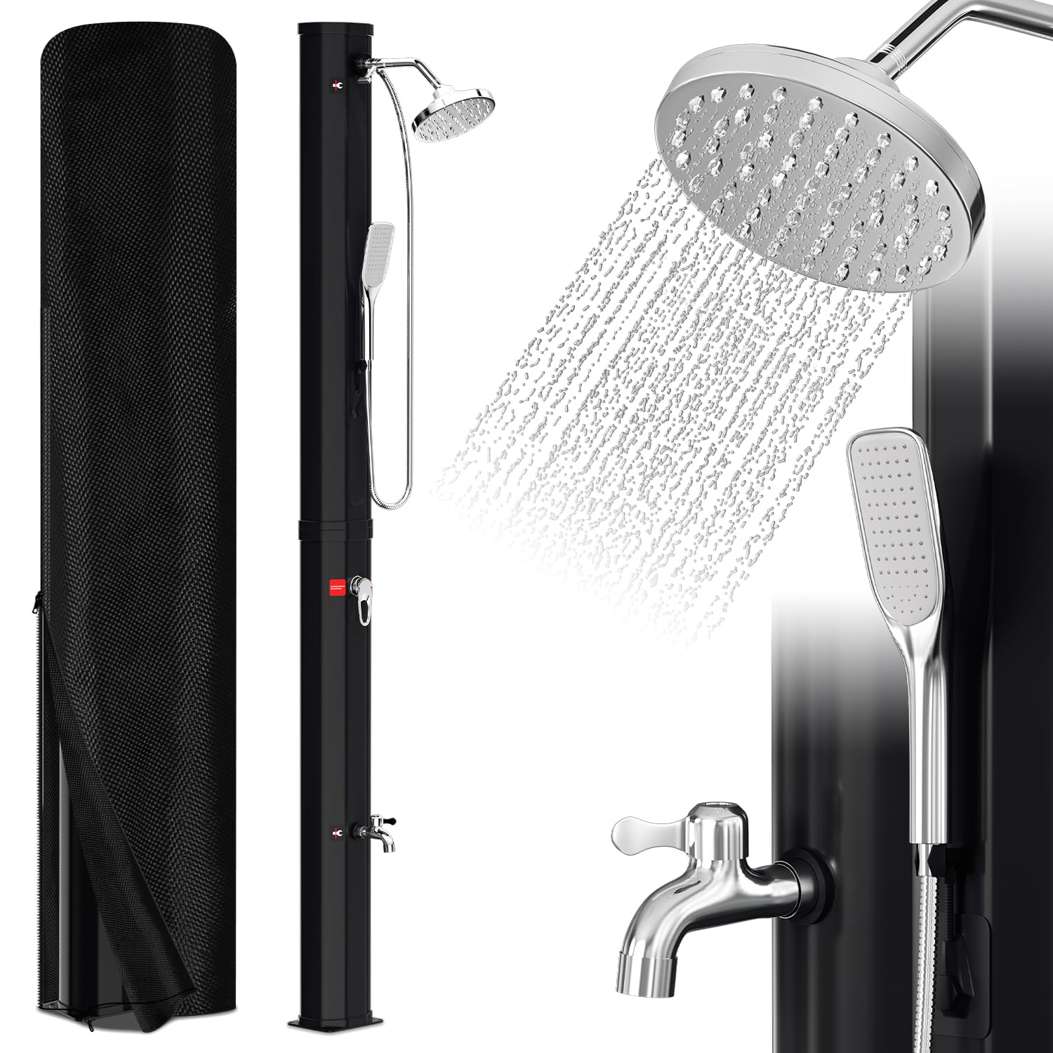Eulenke Solardusche 35L Solar Gartendusche mit 360°Regenduschkopf, Wasserhahn und handbrause, Warmes Wasser Max. 60℃, ohne Stromanschluss, Pooldusche mit Schutzhaube-Ablassschraube, Schwarz