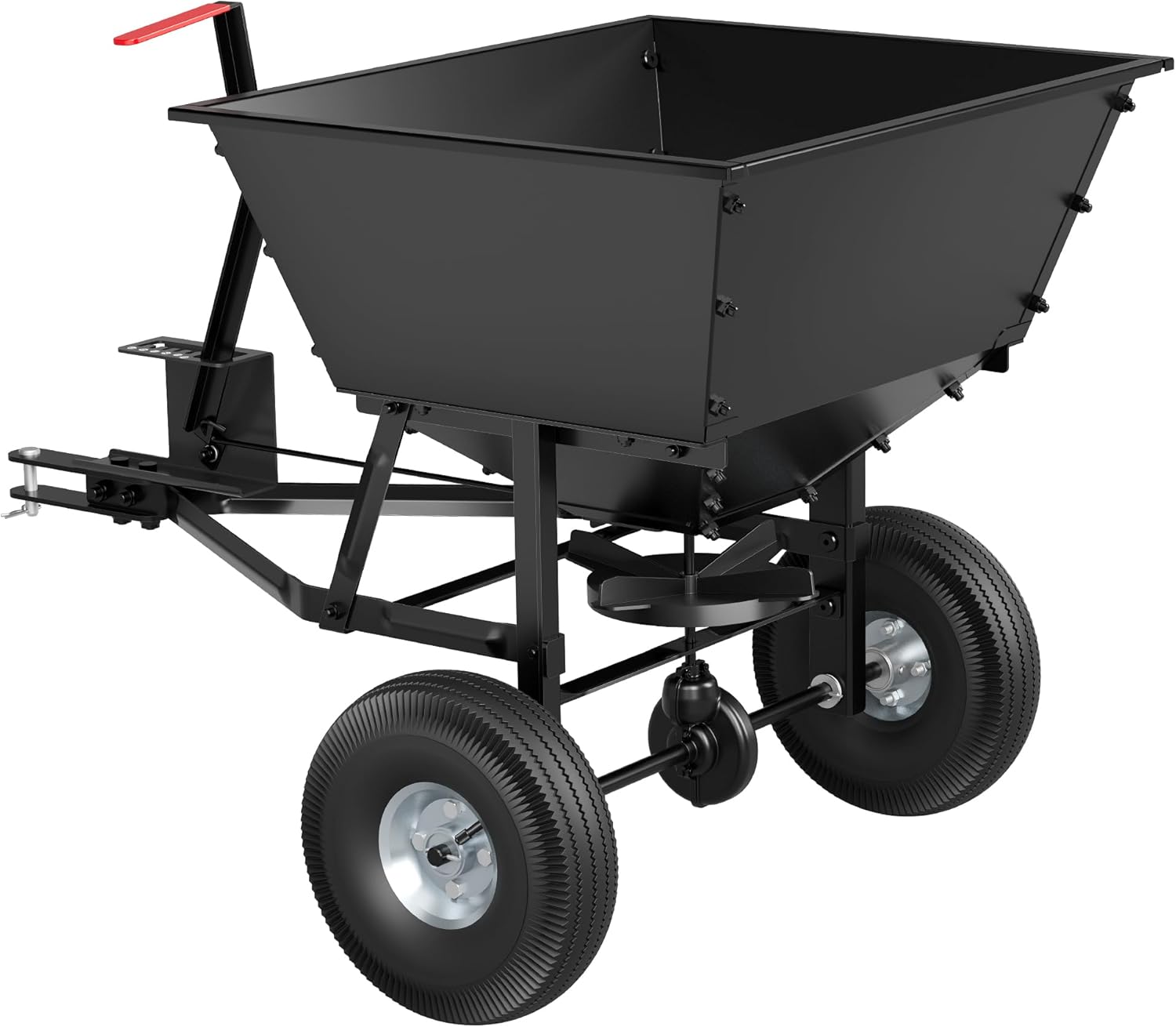 Suchtale Tow-Behind Broadcast Spreader, 130 lbs Capacity, Heavy Duty Fertilizer and Seed Spreader with Adjustable Flow Control Lever,10" Pneumatic Tires, Durable Metal Hopper for Various Terrain Type
