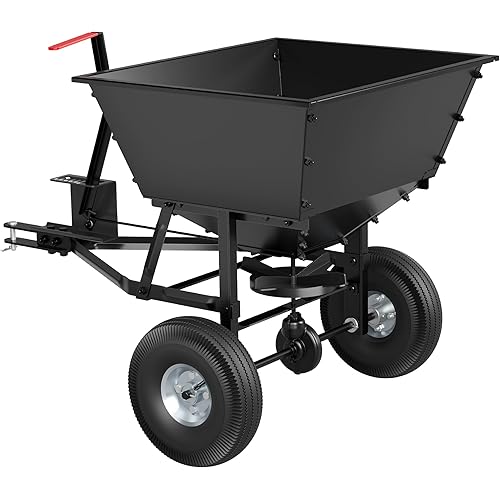 Suchtale Tow-Behind Broadcast Spreader, 130 lbs Capacity, Heavy Duty Fertilizer and Seed Spreader with Adjustable Flow Control Lever,10" Pneumatic Tires, Durable Metal Hopper for Various Terrain Type
