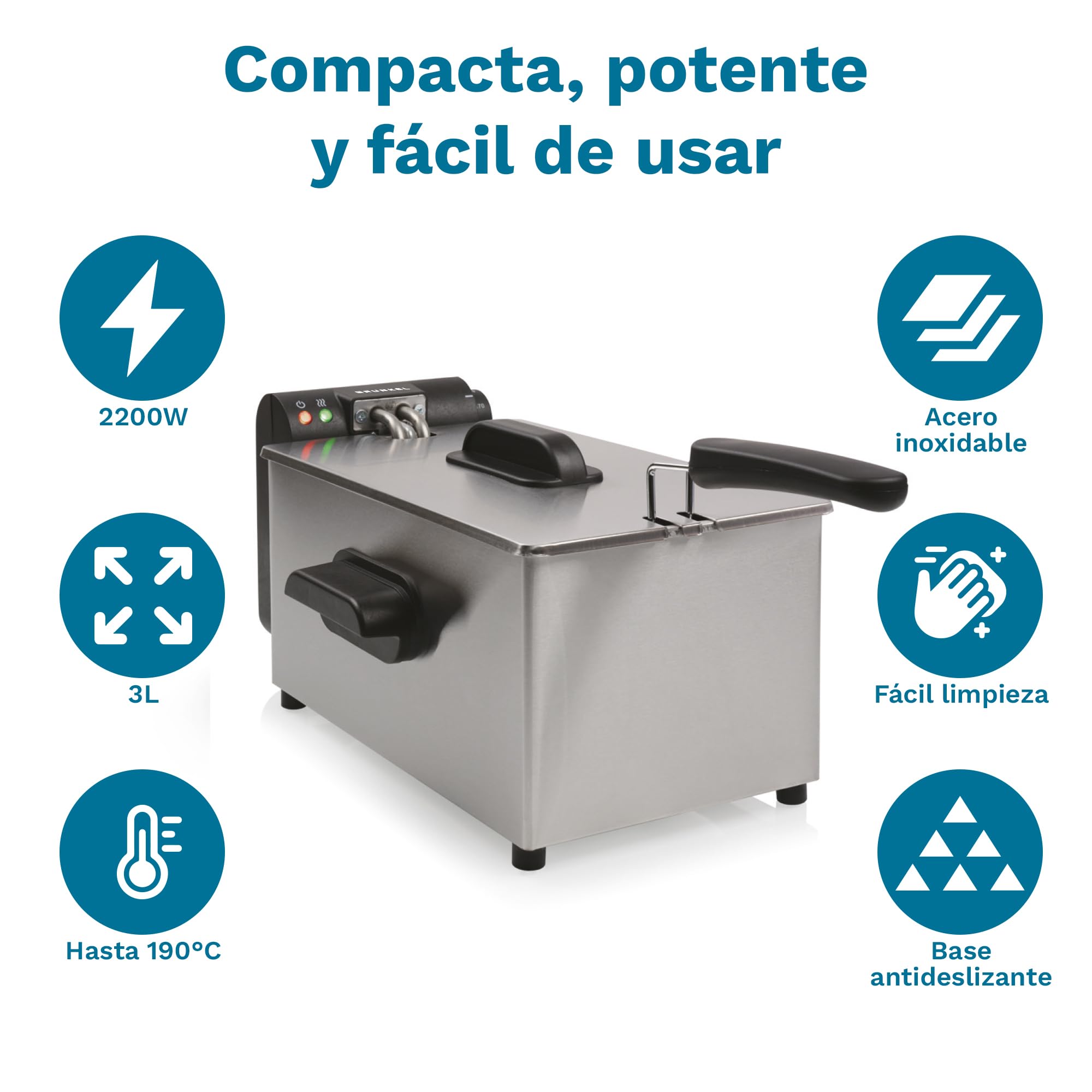 Grunkel Freidora de aceite FRYPRO-3SS con 2000W y cubeta en acero inoxidable con tecnología de zona fría, 3 litros de capacidad y con control de temperatura hasta 190°C