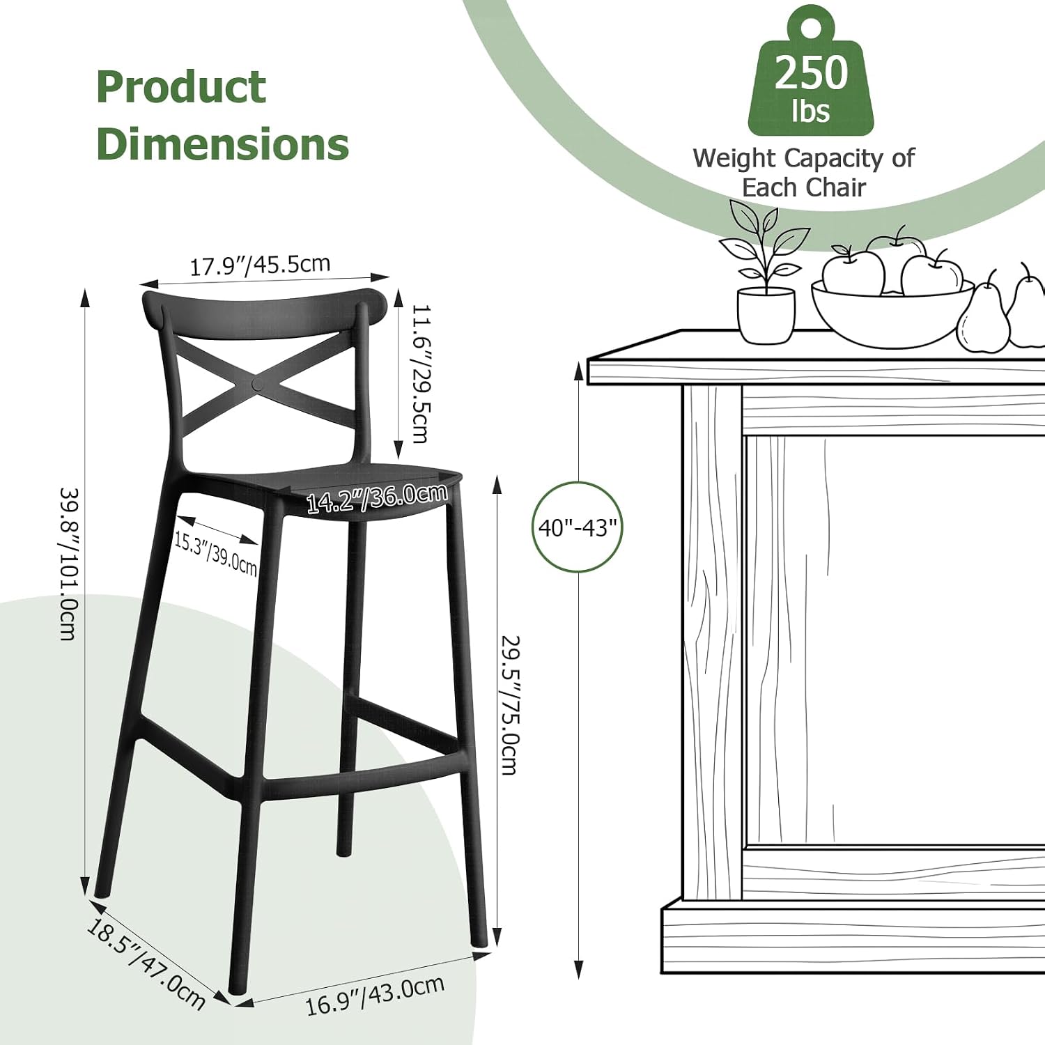 30 Inch Outdoor Bar Stools Set of 4 with Backs, Weather Resistant Plastic Patio Bar Chair, No Assembly Stackable and Durable PP Counter Height Barstool for Kitchen Island Outside Black
