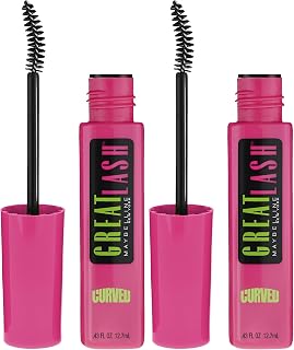 MAYBELLINE Great Lash Curved Brush Washable Mascara,Volumizing,Lengthening and Curling Mascara,Blackest Black,(Pack of 2)
